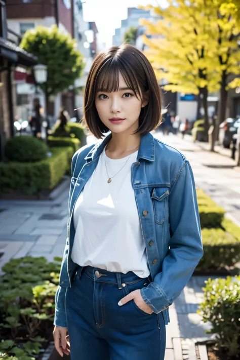 (((garden:1.3, spring, Photographed from diagonally in front))), ((medium bob:1.3, denim pants, black knit, japanese woman, cute...