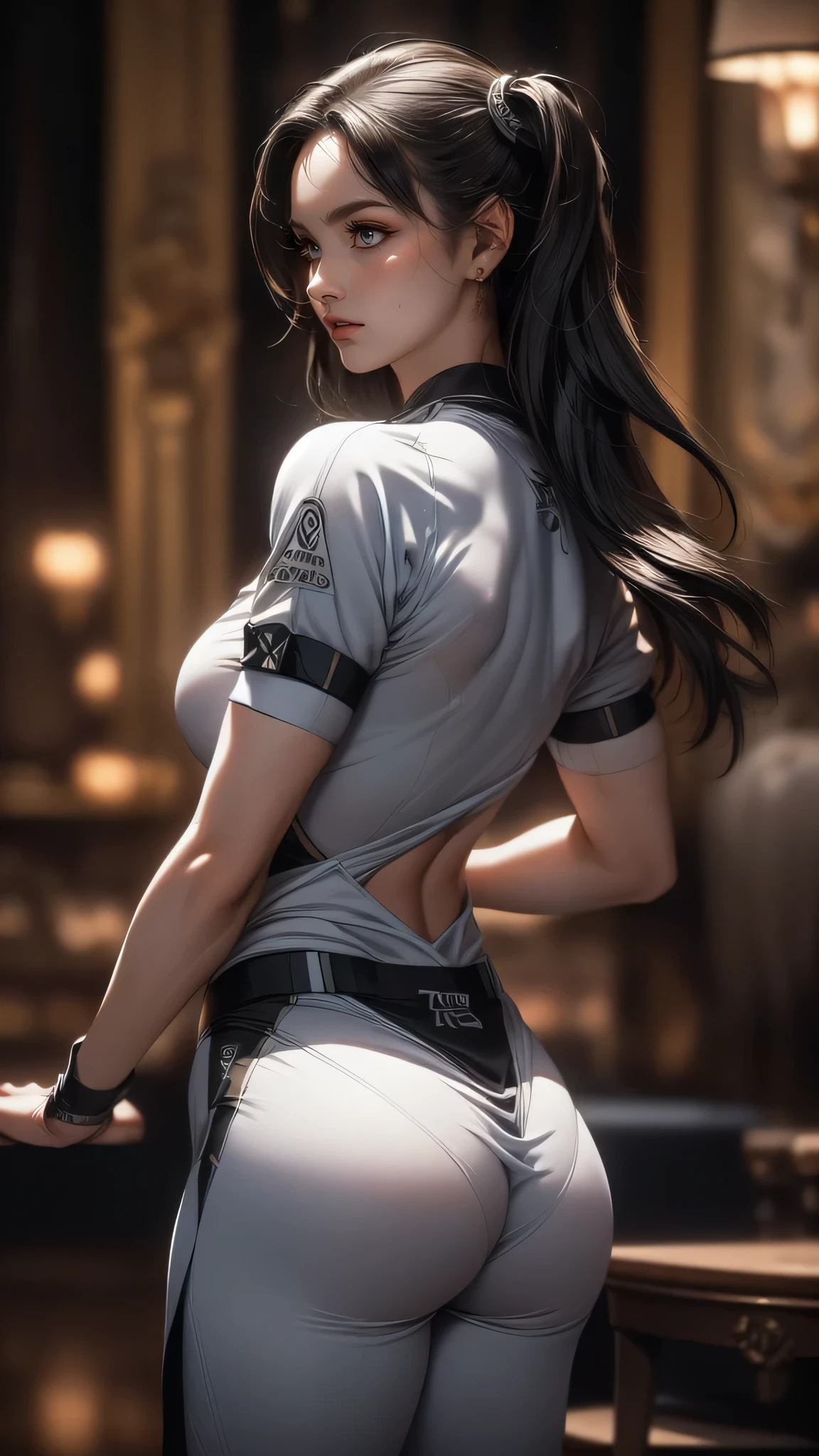 from behind,backwards,stretch,Gym suit,(fantasy art,best image quality,(8k),Super realistic,最high quality, high quality, High resolution, high quality texture,high detail,beautiful,Detailed,Very detailed CG,detailed texture,realistic expression of face,masterpiece,sense of presence,dynamic,bold)