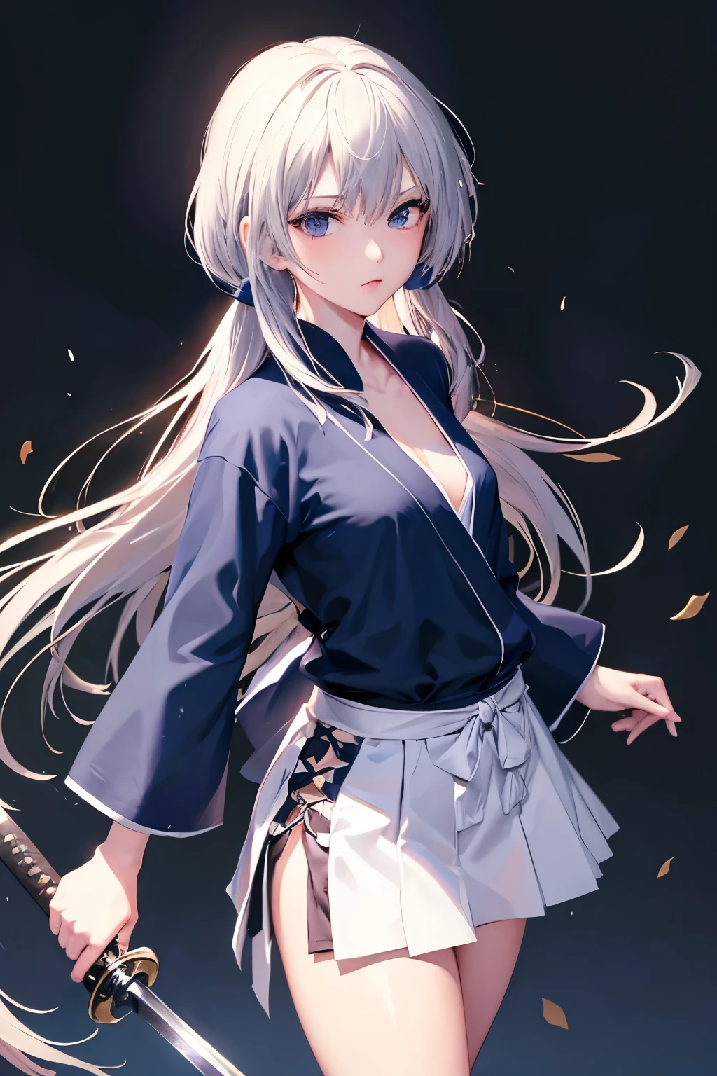 （（high quality、masterpiece、detailed、normal body、The fingers are５Book、delicate、Precise））、beautiful girl swordsman（（右手で日Book刀を持つ、hold the scabbard with the left hand、silver hair））、black racy robe、white racy mini skirt、moonlight、日Book刀を振るう、Battoujutsu、Iai、日Book刀を鞘から抜き放つ、Feminization:1.7