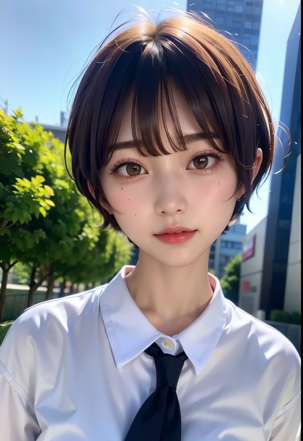 ((highest quality))、(masterpiece:1.4)、Raw photo、8k、((best image quality))、 ((High resolution))、Beautiful face in every detail、realistic human skin、gentle expression、(one woman:1.3 )、realistic、Photoreal、(short hair)、(Beautiful woman)、(cute japanese girl)、(boyish:1.3)、(mannish)、((Beautiful woman))、(beautiful hair)、((dark brown hair))、(((red cheeks)))、((her eyes are big))、20 year old beauty、(small face)、small head、((long neck))、high school girls uniform、(white shirt)、tie、garden