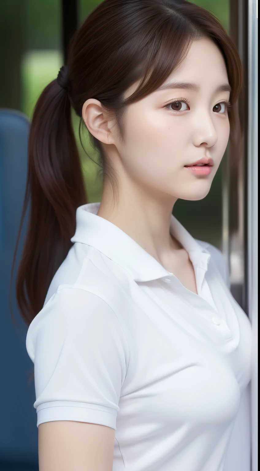 realistic photos of 1 cute Korean star, short ponytail, white skin, thin makeup, 32 inch breasts size, wearing polo shirt, in the bus, upper body portrait, UHD