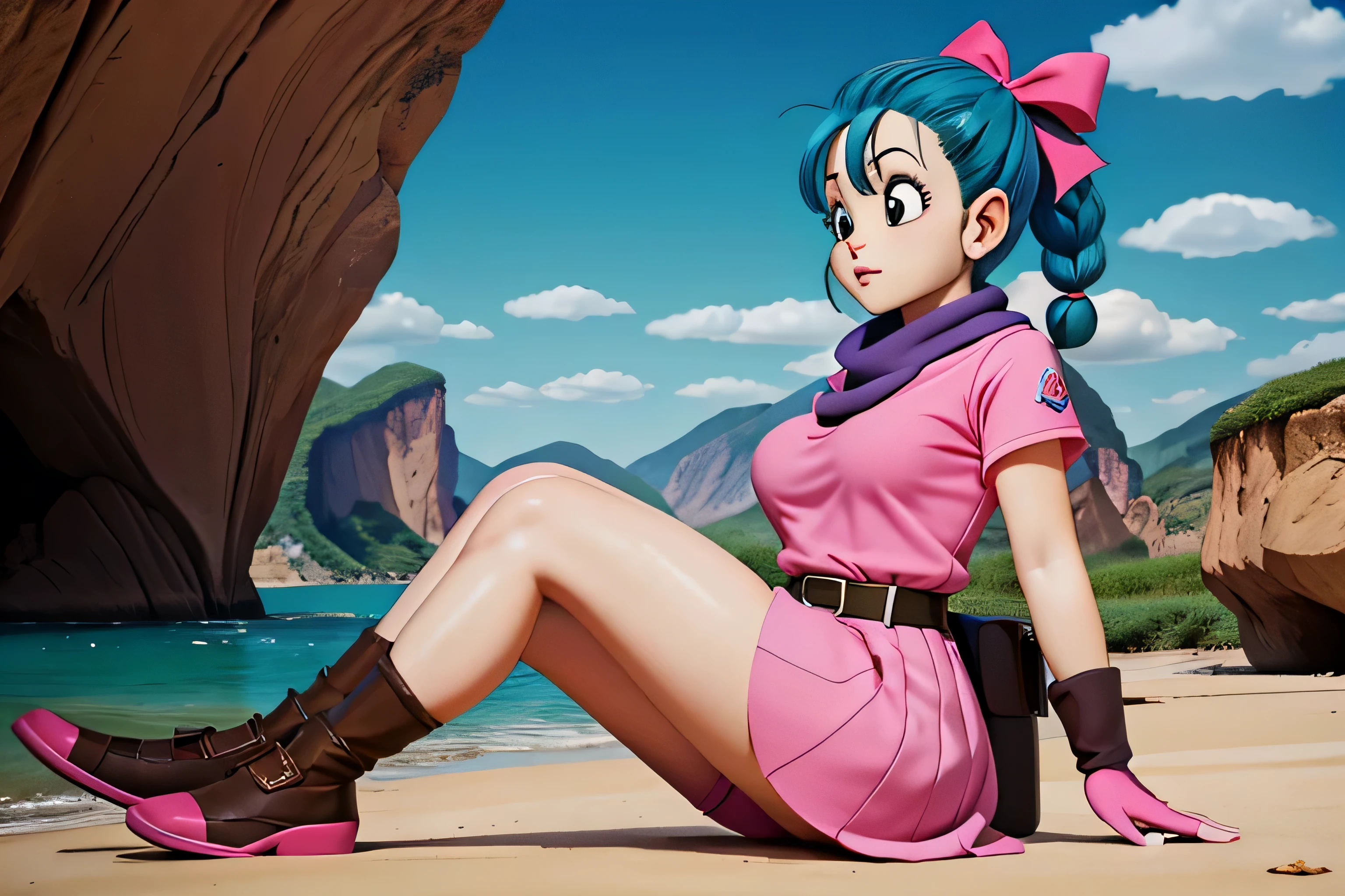 masterpiece, best quality, high resolution, dragon ball, blmpony, aqua hair, hair ribbon, braided ponytail, pink shirt, belt, scarf, pink skirt, clothes writing, brown gloves, medium breasts, in back mini pink dress, sitting, legs crossed, very sexy. CROSING LEGS, SHOW BOOTY