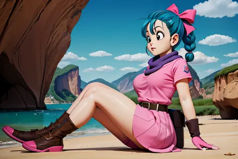 masterpiece, best quality, high resolution, dragon ball, blmpony, aqua hair, hair ribbon, braided ponytail, pink shirt, belt, sc...