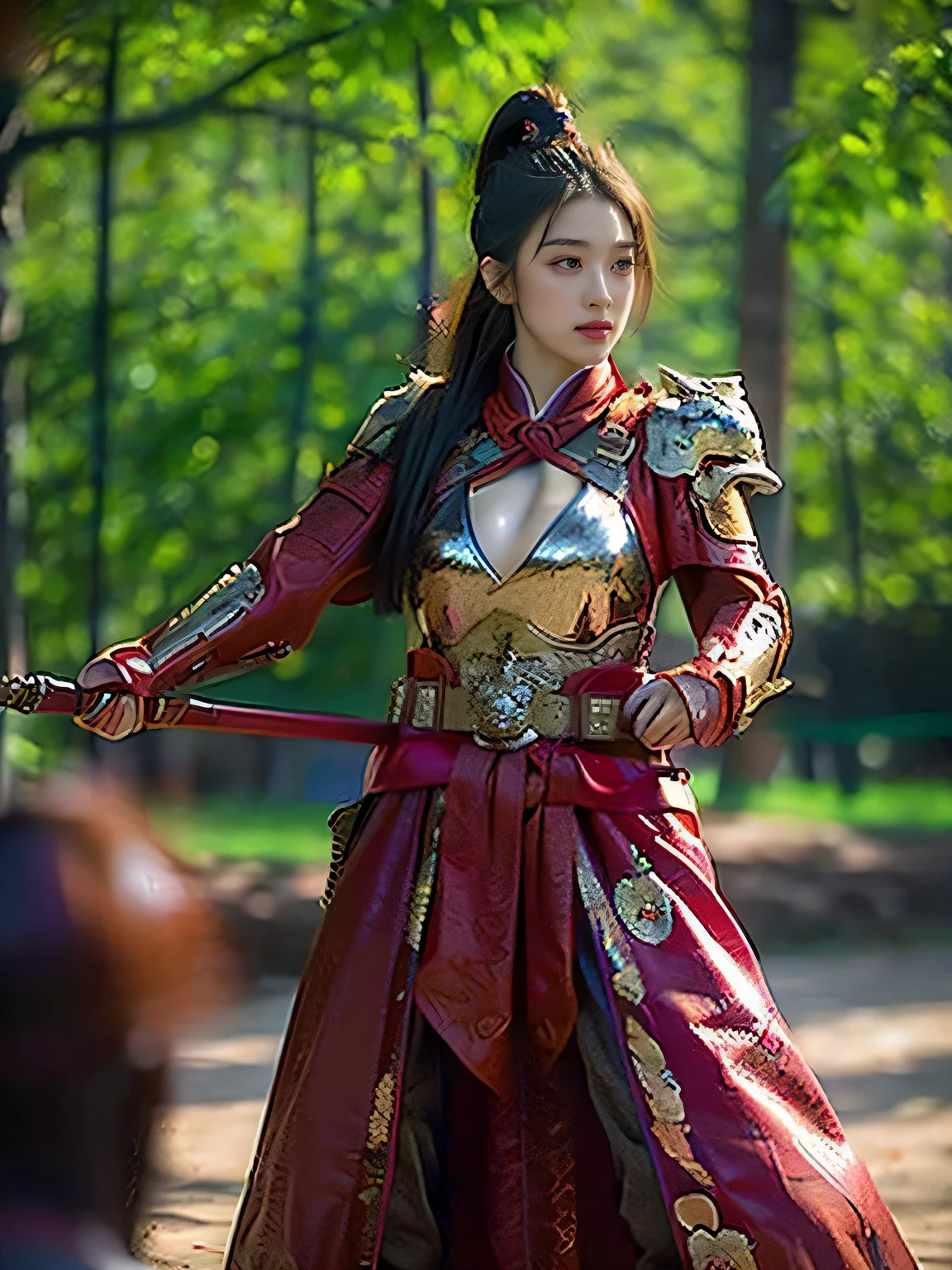 masterpiece，Best quality，HD quality，face close-up，（Detailed sculpting of eyes），Laugh，（corners of mouth raised），8K，Ancient battlefield background, ((field：1.8))，(Female generals on the battlefield in the Han Dynasty)，Lead the horse，18-year-old girl，（long ponytail hairstyle)，cparted lips，Full and erect breasts，Chinese architecture,red cloak，The combination of white metal and red leather，chest armor，（（Cool and gorgeouig breasts))，Chest groove，Three Kingdoms character painting style，Photo pose，oc render reflection texture，Head-up shot，bright afternoon，woodland background