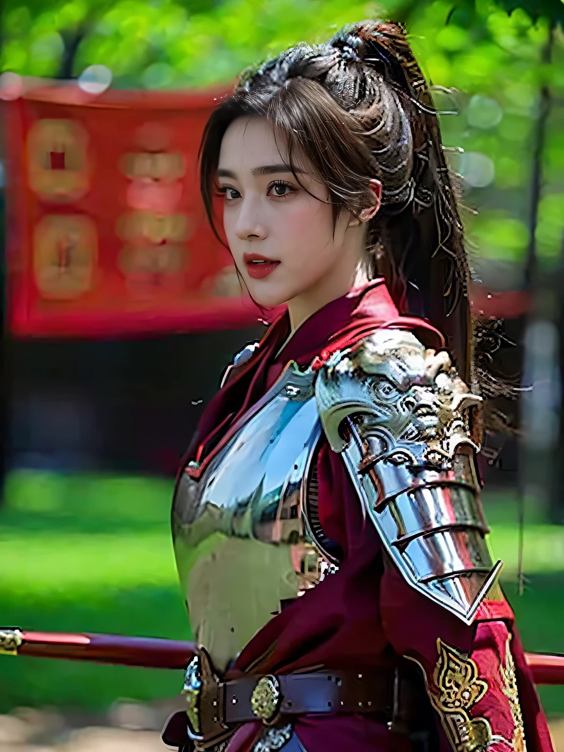 masterpiece，Best quality，HD quality，face close-up，（Detailed sculpting of eyes），Laugh，（corners of mouth raised），8K，Ancient battlefield background, ((field：1.8))，(Female generals on the battlefield in the Han Dynasty)，Lead the horse，18-year-old girl，（long ponytail hairstyle)，cparted lips，Full and erect breasts，Chinese architecture,red cloak，The combination of white metal and red leather，chest armor，（（Cool and gorgeouig breasts))，Chest groove，Three Kingdoms character painting style，Photo pose，oc render reflection texture，Head-up shot，bright afternoon，woodland background