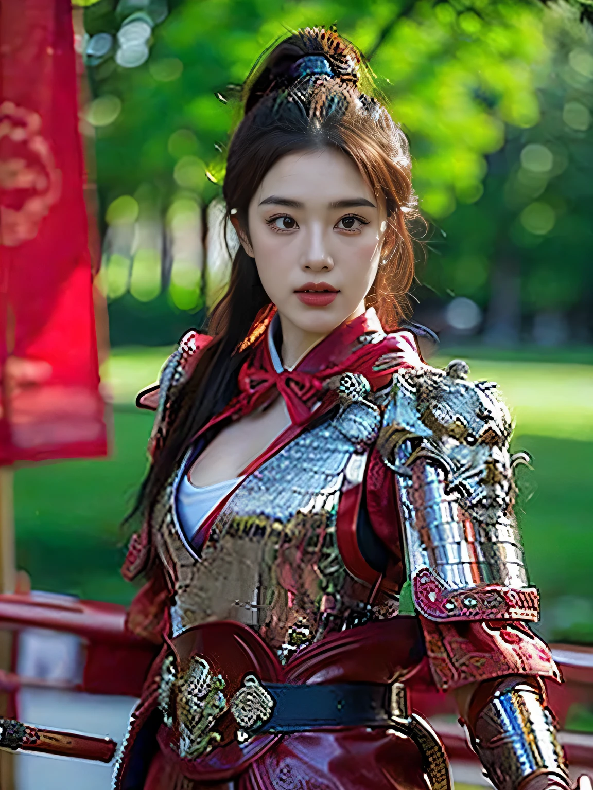 masterpiece，Best quality，HD quality，face close-up，（Detailed sculpting of eyes），Laugh，（corners of mouth raised），8K，Ancient battlefield background, ((field：1.8))，(Female generals on the battlefield in the Han Dynasty)，Lead the horse，18-year-old girl，（long ponytail hairstyle)，cparted lips，Full and erect breasts，Chinese architecture,red cloak，The combination of white metal and red leather，chest armor，（（Cool and gorgeouig breasts))，Chest groove，Three Kingdoms character painting style，Photo pose，oc render reflection texture，Head-up shot，bright afternoon，woodland background