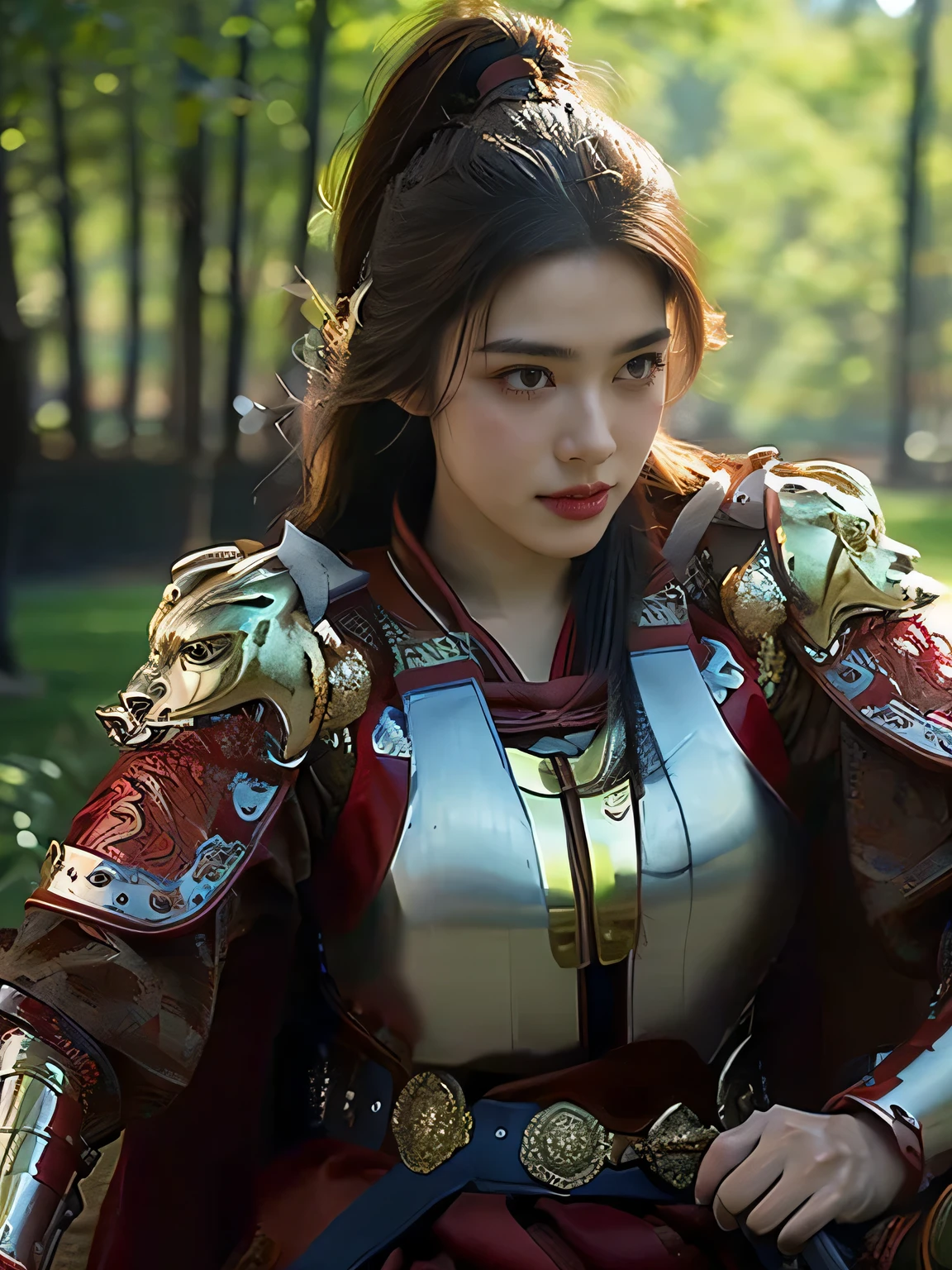 masterpiece，Best quality，HD quality，face close-up，（Detailed sculpting of eyes），Laugh，（corners of mouth raised），8K，Ancient battlefield background, ((field：1.8))，(Female generals on the battlefield in the Han Dynasty)，Lead the horse，18-year-old girl，（long ponytail hairstyle)，cparted lips，Full and erect breasts，Chinese architecture,red cloak，The combination of white metal and red leather，chest armor，（（Cool and gorgeouig breasts))，Chest groove，Three Kingdoms character painting style，Photo pose，oc render reflection texture，Head-up shot，bright afternoon，woodland background