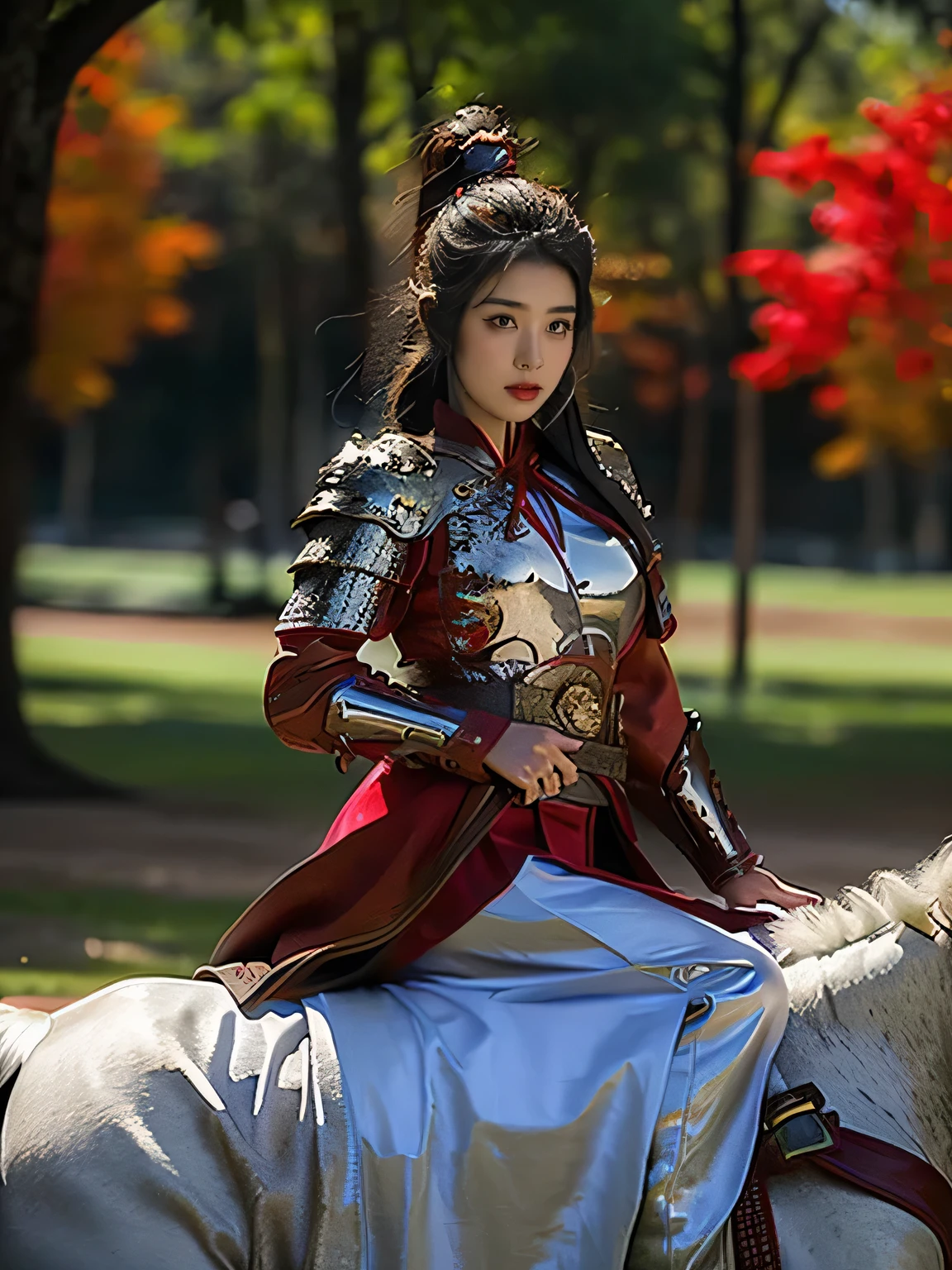 masterpiece，Best quality，HD quality，face close-up，（Detailed sculpting of eyes），Laugh，（corners of mouth raised），8K，Ancient battlefield background, ((field：1.8))，(Female generals on the battlefield in the Han Dynasty)，(mounted on a horse)，18-year-old girl，（long ponytail hairstyle)，cparted lips，Full and erect breasts，Chinese architecture,red cloak，The combination of white metal and red leather，chest armor，（（Cool and gorgeouig breasts))，Chest groove，Three Kingdoms character painting style，Photo pose，oc render reflection texture，Head-up shot，bright afternoon，woodland background