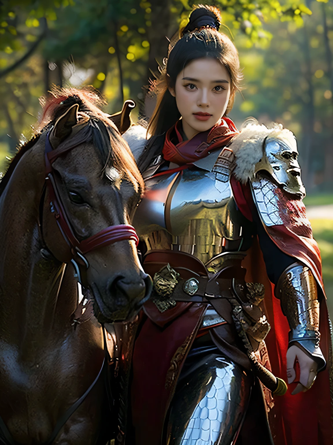 masterpiece，Best quality，HD quality，face close-up，（Detailed sculpting of eyes），Laugh，（corners of mouth raised），8K，Ancient battlefield background, ((field：1.8))，(Female generals on the battlefield in the Han Dynasty)，(mounted on a horse)，18-year-old girl，（long ponytail hairstyle)，cparted lips，Full and erect breasts，Chinese architecture,red cloak，The combination of white metal and red leather，chest armor，（（Cool and gorgeouig breasts))，Chest groove，Three Kingdoms character painting style，Photo pose，oc render reflection texture，Head-up shot，bright afternoon，woodland background