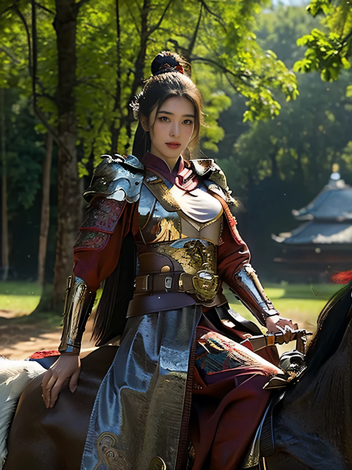 masterpiece，Best quality，HD quality，face close-up，A high resolution，8K，Ancient battlefield background, ((field：1.8))，(Female generals on the battlefield in the Han Dynasty)，(mounted on a horse)，18-year-old girl，（long ponytail hairstyle)，cparted lips，Full and erect breasts，Chinese architecture, green cloak，，The combination of white metal and red leather，chest armor，metallic luster，Leather buckle，Exquisite pattern，mysterious badge，Cool and gorgeouig breasts))，Chest groove，Three Kingdoms character painting style，Photo pose，oc render reflection texture，charming smile，Head-up shot，bright afternoon，woodland background