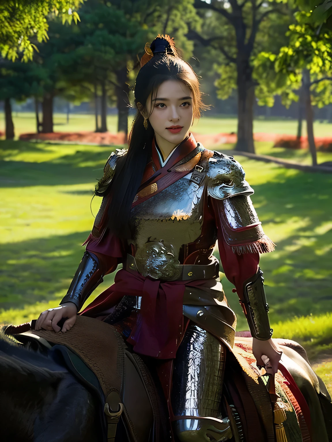 masterpiece，Best quality，HD quality，face close-up，A high resolution，8K，Ancient battlefield background, ((field：1.8))，(Female generals on the battlefield in the Han Dynasty)，(mounted on a horse)，18-year-old girl，（long ponytail hairstyle)，cparted lips，Full and erect breasts，Noble and charming，Elegant and serious，Chinese armor,sword, Chinese architecture, green cloak，，The combination of white metal and red leather，chest armor，metallic luster，Leather buckle，Exquisite pattern，mysterious badge，Cool and gorgeouig breasts))，Chest groove，Three Kingdoms character painting style，Photo pose，oc render reflection texture，charming smile，Head-up shot，bright afternoon，woodland background
