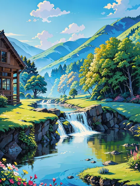 draw a house and a stream in a beautiful landscape, scenery art detailed, landscape artwork, rich picturesque colors, beautiful ...