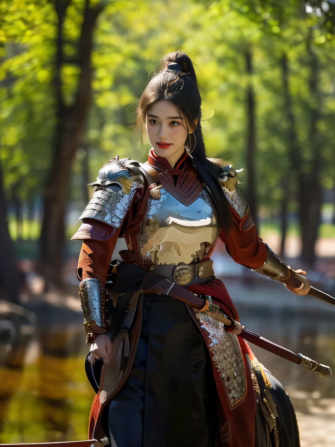 masterpiece，Best quality，HD quality，face close-up，A high resolution，8K，Ancient battlefield background, ((field：1.8))，(Female generals on the battlefield in the Han Dynasty)，(mounted on a horse)，18-year-old girl，（long ponytail hairstyle)，cparted lips，Full and erect breasts，Noble and charming，Elegant and serious，Chinese armor,sword, Chinese architecture, Brown cape，，The combination of white metal and red leather，chest armor，metallic luster，Leather buckle，Exquisite pattern，mysterious badge，Cool and gorgeouig breasts))，Chest groove，Three Kingdoms character painting style，Photo pose，oc render reflection texture，charming smile，Head-up shot，bright afternoon，woodland background