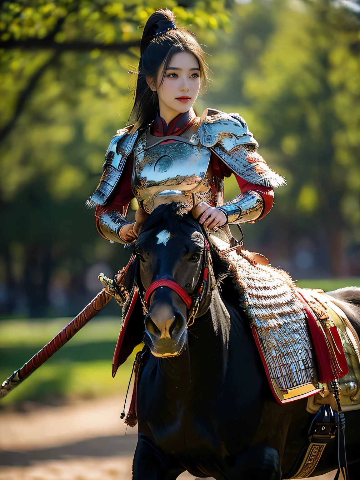 masterpiece，Best quality，HD quality，face close-up，A high resolution，8K，Ancient battlefield background, ((field：1.8))，(Female generals on the battlefield in the Han Dynasty)，(mounted on a horse)，18-year-old girl，（long ponytail hairstyle)，cparted lips，Full and erect breasts，Noble and charming，Elegant and serious，Chinese armor,sword, Chinese architecture, Brown cape，，The combination of white metal and red leather，chest armor，metallic luster，Leather buckle，Exquisite pattern，mysterious badge，Cool and gorgeouig breasts))，Chest groove，Three Kingdoms character painting style，Photo pose，oc render reflection texture，charming smile，Head-up shot，bright afternoon，woodland background