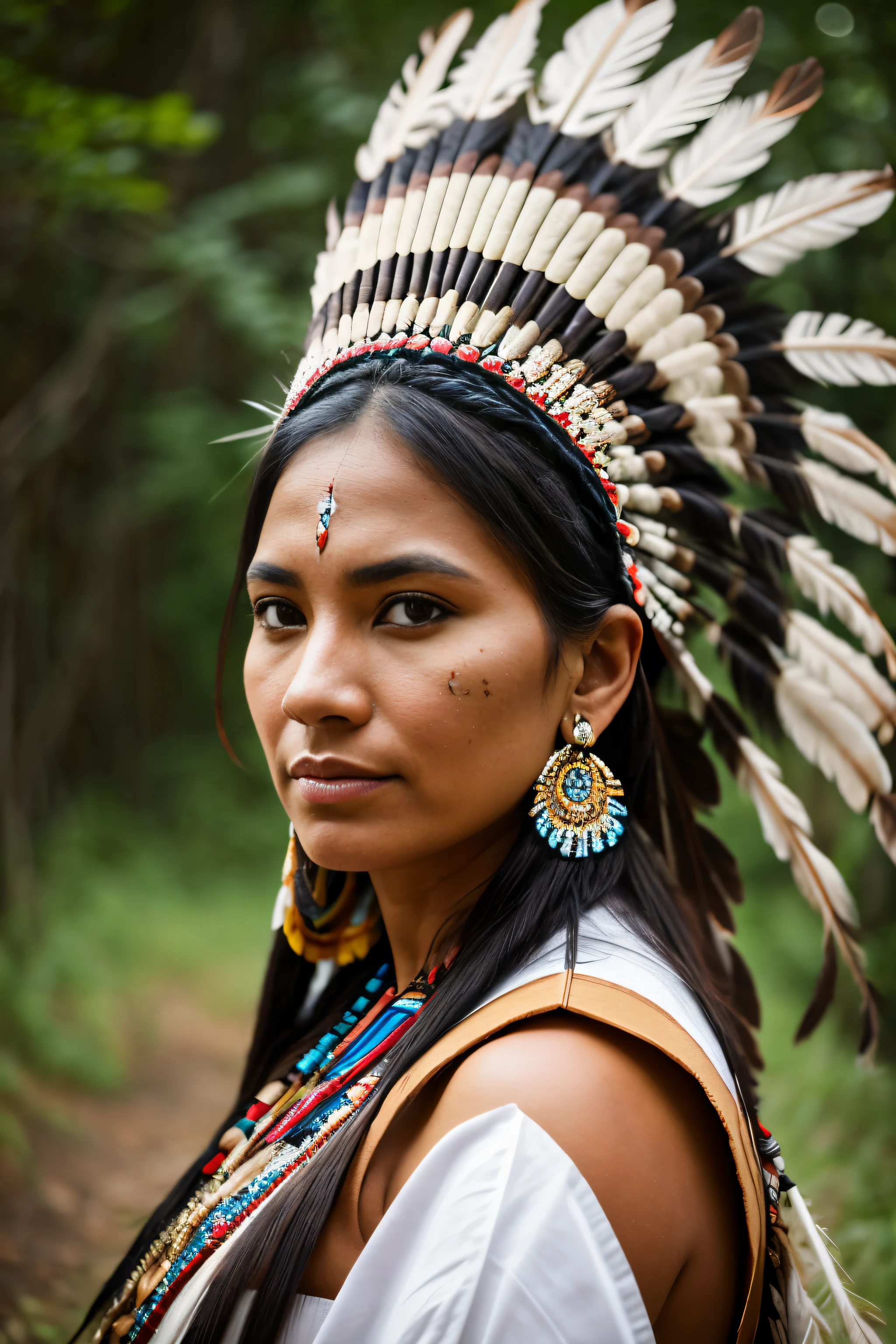 8K, de la máxima calidad, ultra detalles, mujer indigena, vestimenta tradicional, tocado de plumas, patrones tribales, fondo de naturaleza, expresión orgullosa, patrimonio cultural