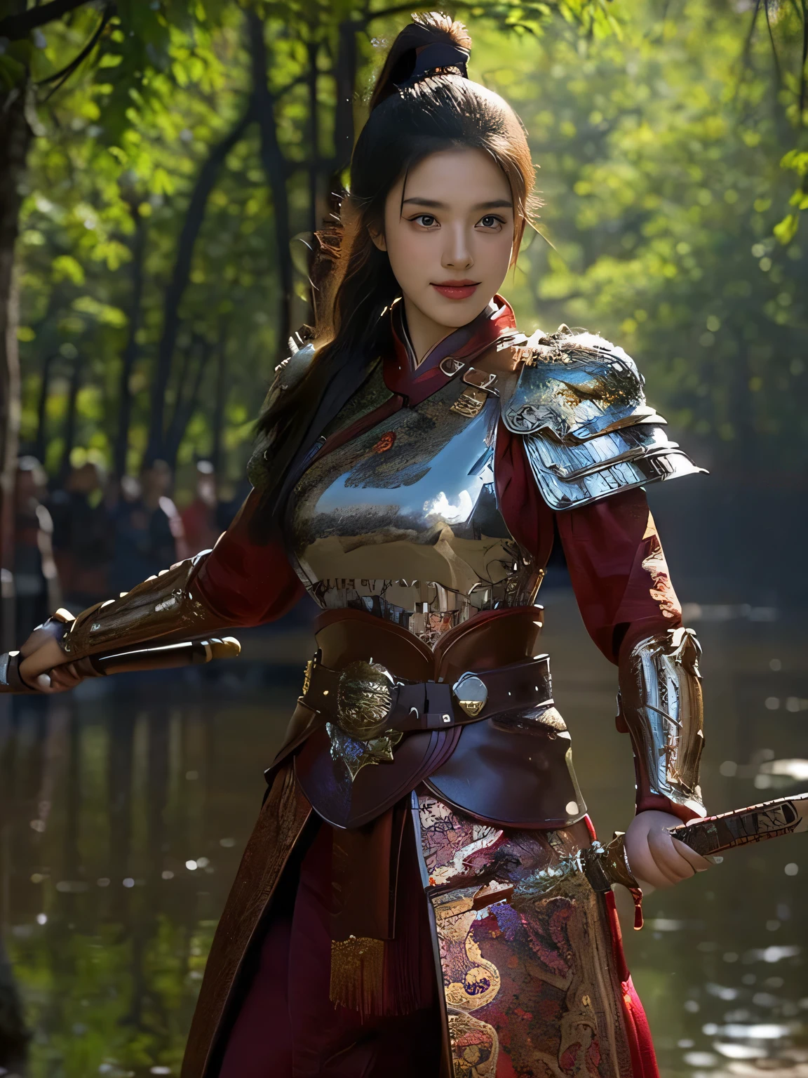masterpiece，Best quality，HD quality，face close-up，A high resolution，8K，Ancient battlefield background, ((field：1.8))，(Female generals on the battlefield in the Han Dynasty)，18-year-old girl，（long ponytail hairstyle)，cparted lips，Full and erect breasts，Noble and charming，Elegant and serious，Chinese armor,sword, Chinese architecture, Brown cape，，The combination of white metal and red leather，chest armor，metallic luster，Leather buckle，Exquisite pattern，mysterious badge，Cool and gorgeouig breasts))，Chest groove，Three Kingdoms character painting style，Photo pose，oc render reflection texture，charming smile，Head-up shot，bright afternoon，woodland background