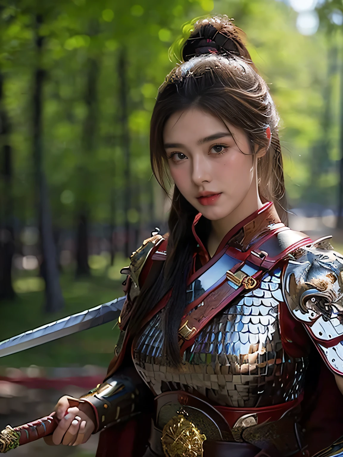 masterpiece，Best quality，HD quality，face close-up，A high resolution，8K，Ancient battlefield background, ((field：1.8))，(Female generals on the battlefield in the Han Dynasty)，18-year-old girl，（long ponytail hairstyle)，cparted lips，Full and erect breasts，Noble and charming，Elegant and serious，Chinese armor,sword, Chinese architecture, Brown cape，，The combination of white metal and red leather，chest armor，metallic luster，Leather buckle，Exquisite pattern，mysterious badge，Cool and gorgeouig breasts))，Chest groove，Three Kingdoms character painting style，Photo pose，oc render reflection texture，charming smile，Head-up shot，bright afternoon，woodland background