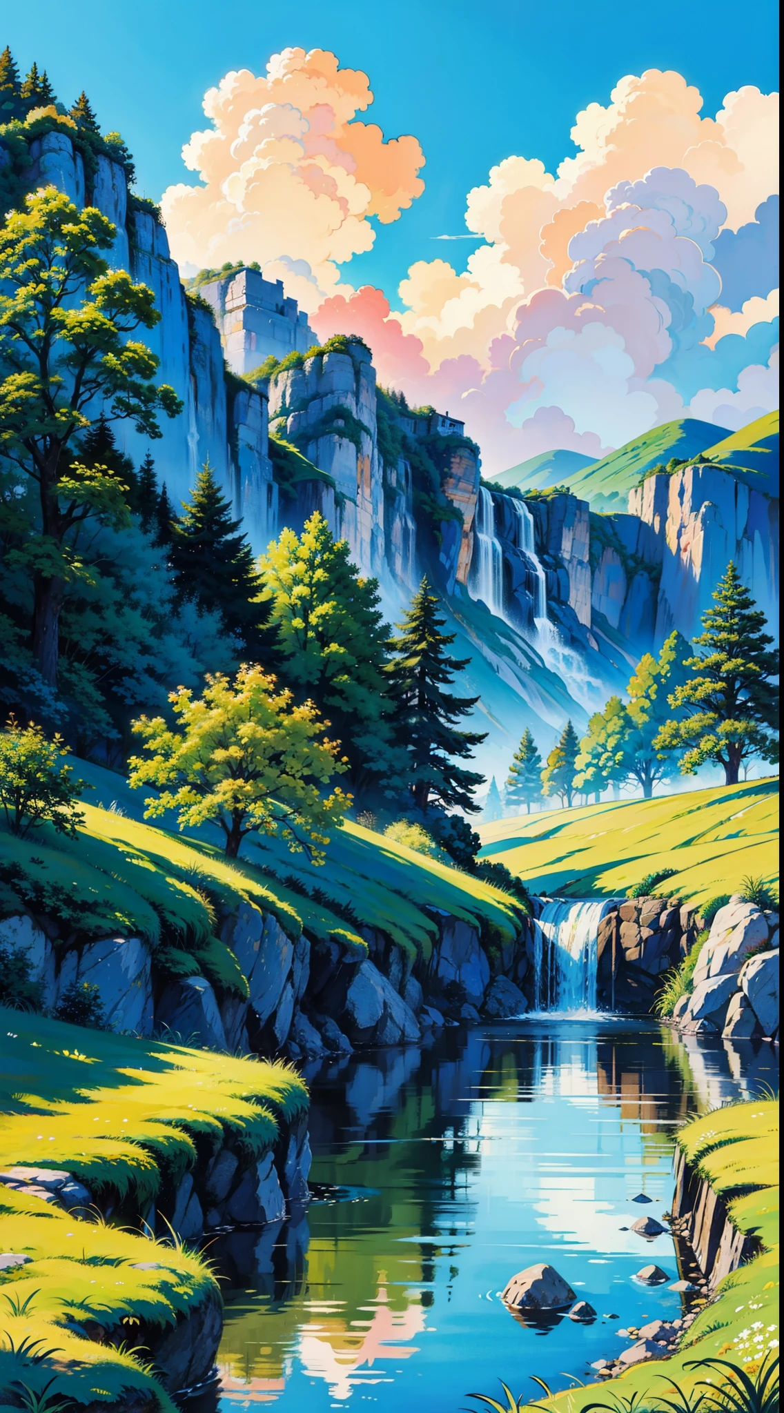 Draw a house and a stream in a beautiful landscape, scenery art detailed, landscape artwork, rich picturesque colors, Beautiful art UHD 4 K, Detailed painting 4 K, detailed scenic view, colorful landscape painting, vibrant gouache painting scenery, beautiful detailed scene, Detailed landscape, A beautiful artwork illustration, Detailed scenery —width 672, 8K detailed art