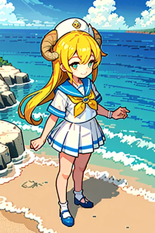 In this enchanting pixel art, a jovial Ram dons a classic sailor suit, complete with red and white stripes, a shiny collar, and a golden button at the chest. The Ram's eyes gleam with playful curiosity as he gazes out towards the horizon, a captivating smile gracing his lips. The background is a beautiful scene of the sea, filled with azure waters and gentle waves that ripple towards the shore. Radiant sunlight filters through the sky, casting warm hues over the scene, as if inviting us to take a joyous adventure.

The sailor suit's details are masterfully crafted, with each stitch meticulously rendered in pixels