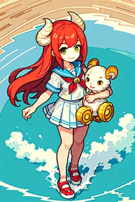 In this enchanting pixel art, a jovial Ram dons a classic sailor suit, complete with red and white stripes, a shiny collar, and a golden button at the chest. The Ram's eyes gleam with playful curiosity as he gazes out towards the horizon, a captivating smile gracing his lips. The background is a beautiful scene of the sea, filled with azure waters and gentle waves that ripple towards the shore. Radiant sunlight filters through the sky, casting warm hues over the scene, as if inviting us to take a joyous adventure.

The sailor suit's details are masterfully crafted, with each stitch meticulously rendered in pixels