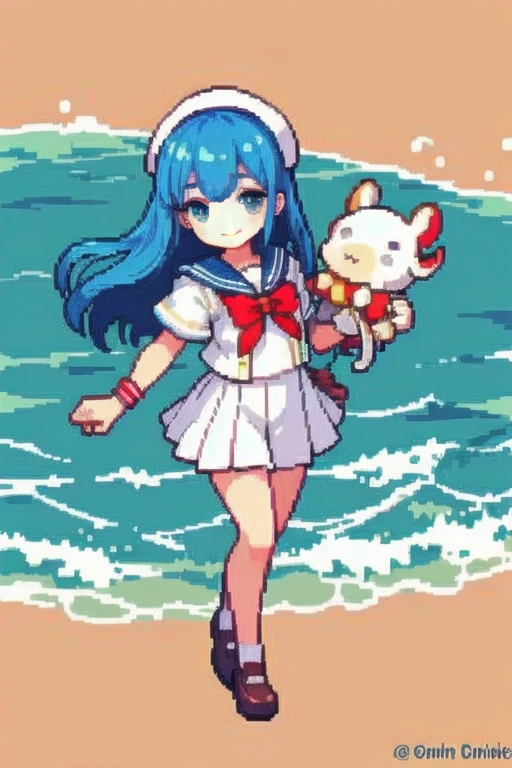 In this enchanting pixel art, a jovial Ram dons a classic sailor suit, complete with red and white stripes, a shiny collar, and a golden button at the chest. The Ram's eyes gleam with playful curiosity as he gazes out towards the horizon, a captivating smile gracing his lips. The background is a beautiful scene of the sea, filled with azure waters and gentle waves that ripple towards the shore. Radiant sunlight filters through the sky, casting warm hues over the scene, as if inviting us to take a joyous adventure.

The sailor suit's details are masterfully crafted, with each stitch meticulously rendered in pixels