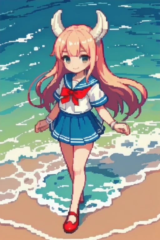 In this enchanting pixel art, a jovial Ram dons a classic sailor suit, complete with red and white stripes, a shiny collar, and a golden button at the chest. The Ram's eyes gleam with playful curiosity as he gazes out towards the horizon, a captivating smile gracing his lips. The background is a beautiful scene of the sea, filled with azure waters and gentle waves that ripple towards the shore. Radiant sunlight filters through the sky, casting warm hues over the scene, as if inviting us to take a joyous adventure.

The sailor suit's details are masterfully crafted, with each stitch meticulously rendered in pixels