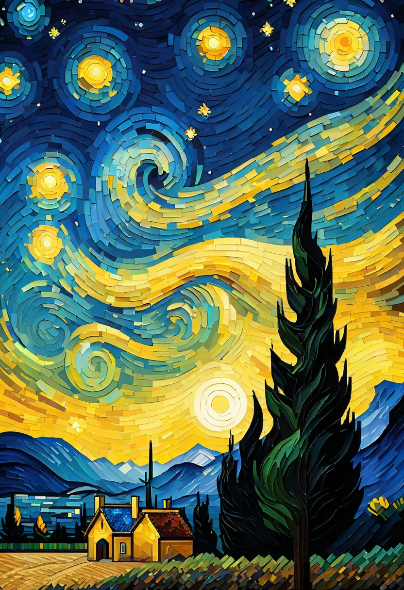 pixel art of starry night by van gogh