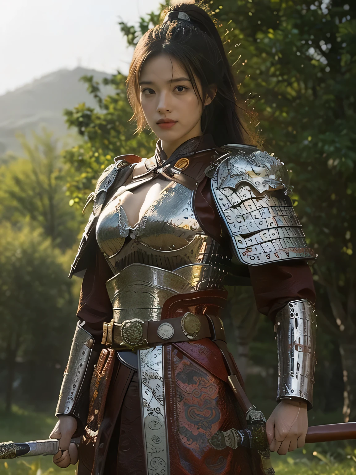 masterpiece，Best quality，HD quality，face close-up，Detailed sculpting of eyes，A high resolution，8K，Ancient battlefield background, ((field：1.8))，(Female generals on the battlefield in the Han Dynasty)，(mounted on a horse)，1 girl，（long ponytail hairstyle)，cparted lips，Full and erect breasts，Noble and charming，Elegant and serious，Chinese armor,sword, Chinese architecture, Brown cape，，The combination of white metal and red leather，chest armor，metallic luster，Leather buckle，Exquisite pattern，mysterious badge，Cool and gorgeouig breasts))，Chest groove，Three Kingdoms character painting style，Photo pose，oc render reflection texture，charming smile，Head-up shot，bright afternoon，woodland background