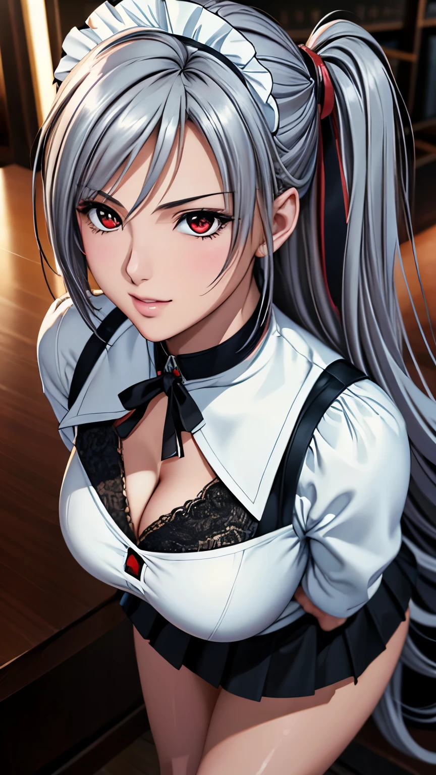 red eyes, (highest quality, masterpiece絵画:1.3), mature woman, 26 years old, (half body shot), masterpiece, ultra high resolution, (Photoreal:1.0), silver hair、straight hair, beautiful shiny hair, white and shining skin, ((Ultra realistic details)), octane rendering, highly detailed face, (big breasts:0.8), ((maid)), (黒maid服),((black mini skirt)), (lift up the skirt:0.8), ((very tight pussy:0.8)), cleavage, perfect body, soft skin, anime face, perfect face, perfect eyes, looking at the viewer, smart, coffee shop,sharp focus, intricate details, professional artwork, (bright colors:1.1), bright colors, diffused lighting, digital blending, ultra-definition body, ultra detail hair, super detailed face, that&#39;It&#39;s trending on pixiv, top button open, shy girl, Cute gaze, compensate, perfect lips, perfect compensate, Ultra-precision coating, (light_smile:0.8), Very embarrassed, blush your nose,