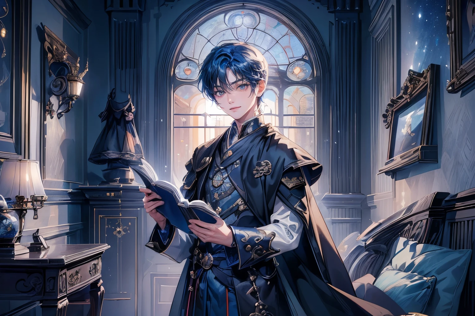 ((4K workasterpiece、(quality)、A beautiful fallen angel boy、slim、tall、((Charming British style))、(Beautiful eye night in detail))、in a room in england、The castle where the villain lives lacks shop windows、room at night、((You can see the starry sky from the windoloomy sky))、((English style room))、((Filmed in a room in England))、midynight、((Short hair, bright blue hair))、((The face smaller))、((White eyes))、((American male))、(( Male 26 years old))、((Cool man))、((Like a celebrity))、((smile show teeth and smile))、((Korean makeup))、((eyes long and sharp))、((Happy dating))、((boyish sense))、((Upper body photography))、profesional photo、((Shoot alone))、((Shot from the front))、((Shoot near him))、((Focus zooms in))、((He was standing in the corner of the room reading a book))
