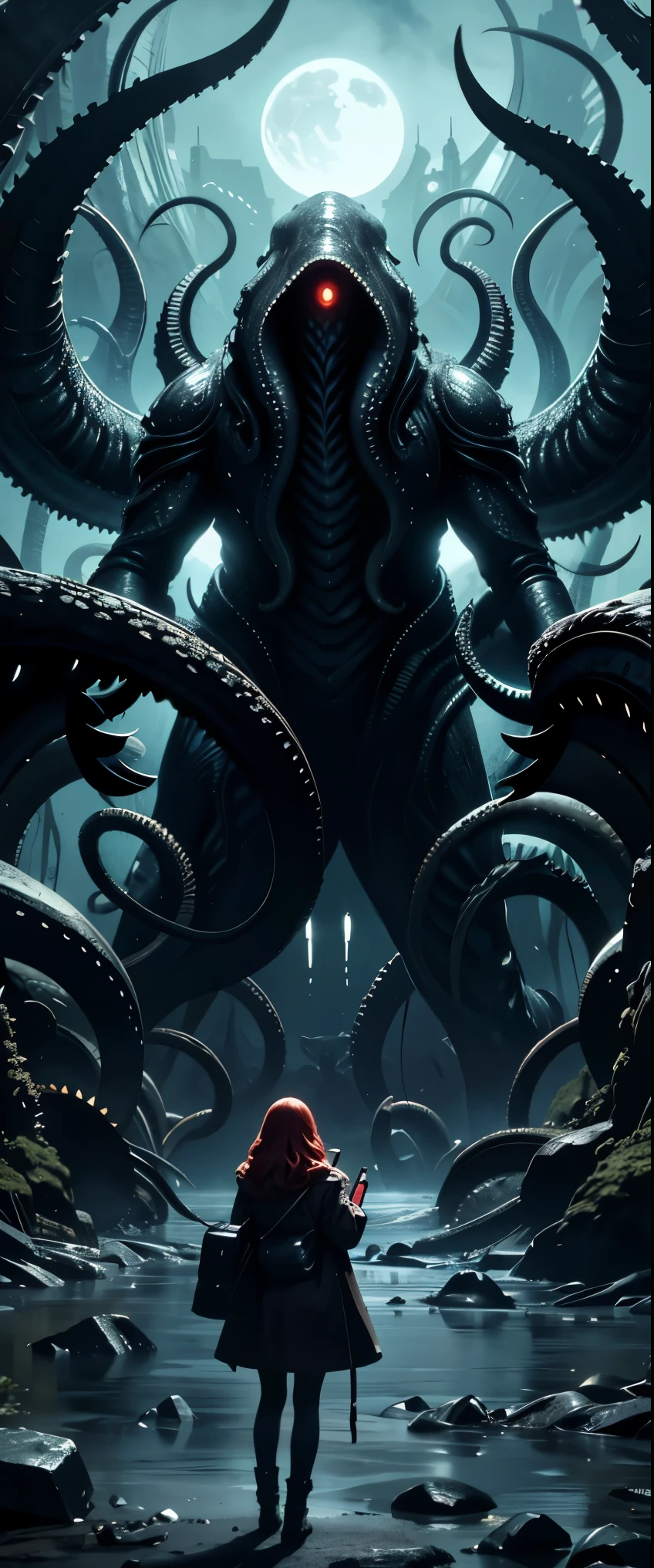 ((masterpiece, highest quality, Highest image quality, High resolution, photorealistic, Raw photo, 8K)), (people taking pictures of a giant creature with their cell phones), Giant female creature, big breasts, big butt, huge tentacles, lovecraftian background, lovecraftian atmosphere, giant cthulhu, huge creature, gigantic cthulhu, giant ethereal creature, eldritch being, lovecraftian monster, giant tentacles, an ominous fantasy illustration, looming creature with a long, nyarlathotep, lovecraftian landscape, 