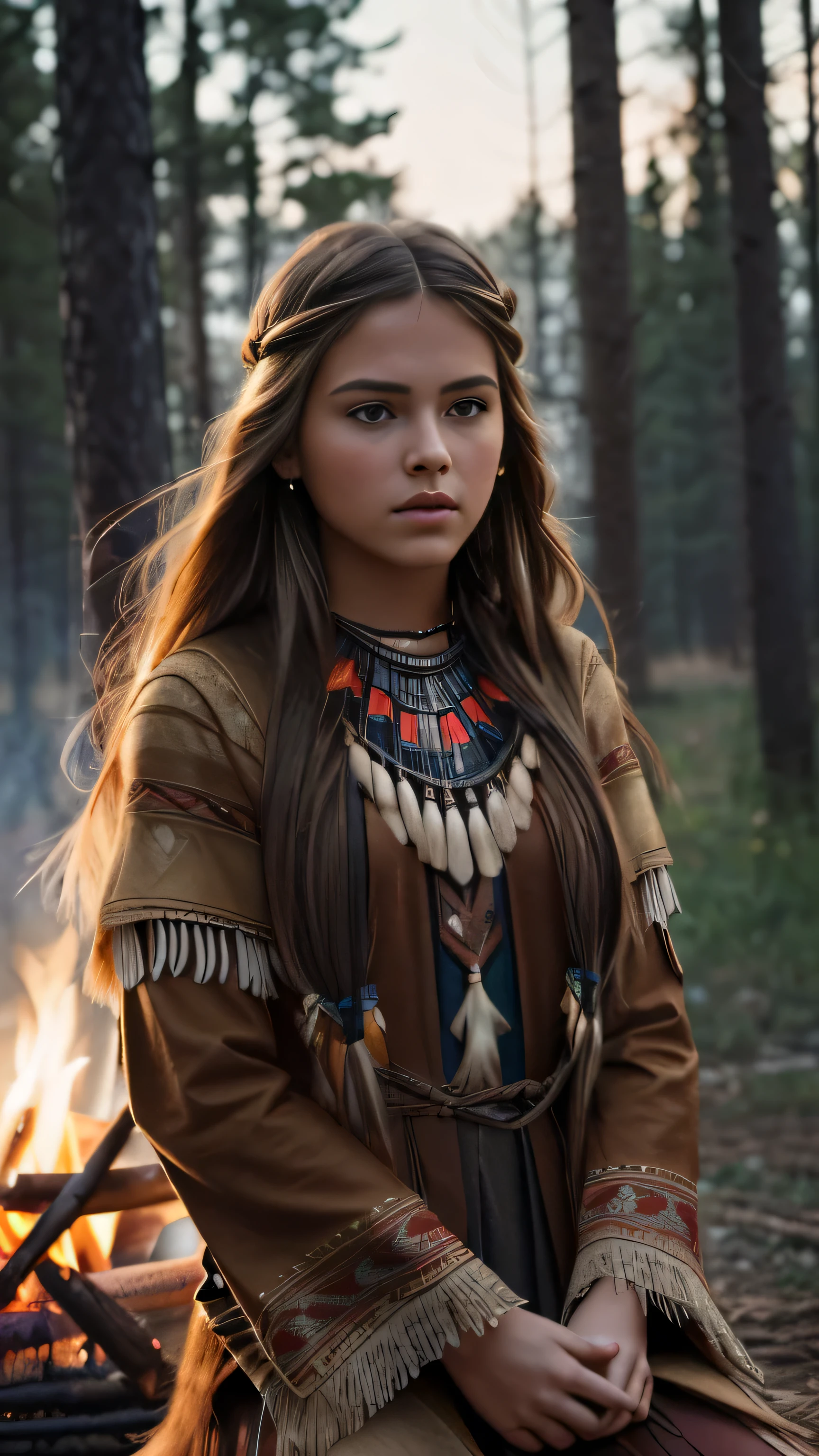 (cinematic photograph of a detailed beautiful 18-year old woman with ((facial and body characteristics that is similar to Kristina Pimenova))), (), ((Native American Indian Storyteller Narrative: Theme: Narrating tales through visuals. Clothing: Clothing inspired by traditional storytelling. Scene: A storytelling setting with a campfire or under a starlit sky. Props: Traditional storytelling props, like a drum or a feathered quill.)), (), (), finely detailed, ultra-realistic features of her pale skin and (slender and athletic body), and (symmetrical, realistic and beautiful face), candid, (), (), (()), (), film stock photograph,  rich colors, hyper realistic, lifelike texture, dramatic lighting, strong contrast