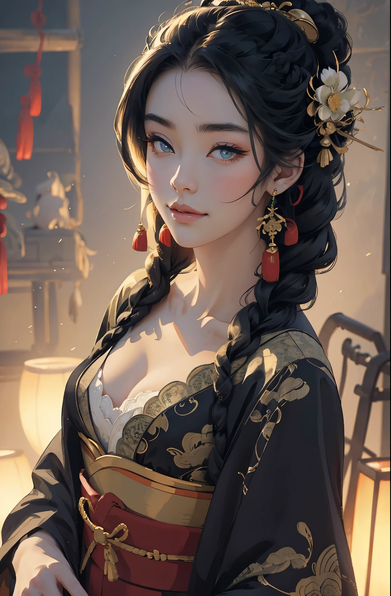 Beautiful wicked smiling Asian, a ronin wearing gold lace kimono, Meiji restoration, emerald eyes, yojimbo, HD, UHD, braided hairstyle, large anime eyes, realistic eyes, highly detailed eyes, natural skin, natural skin texture, subsurface scattering, muted colors, perfect face, perfect eyes, perfect full lips, vivid, cinematic, Film light, Hyper detailed, Hyper-realistic, masterpiece, atmospheric, High resolution, Vibrant, High contrast, dark angle, 8k, HDR,