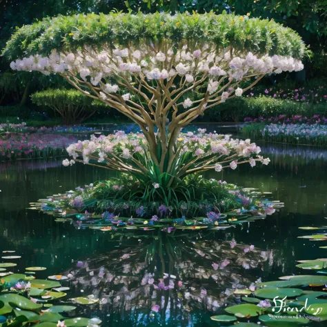 a majestic emerald solitaire, reminiscent of the vibrant hues of claude monet's water lilies, transformed into a surreal garden ...