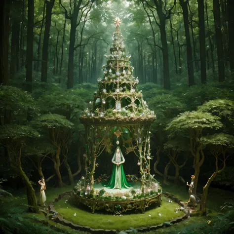 an emerald ring transformed into a fantastical forest of jewels, inspired by the dreamlike landscapes of hieronymus bosch, where...