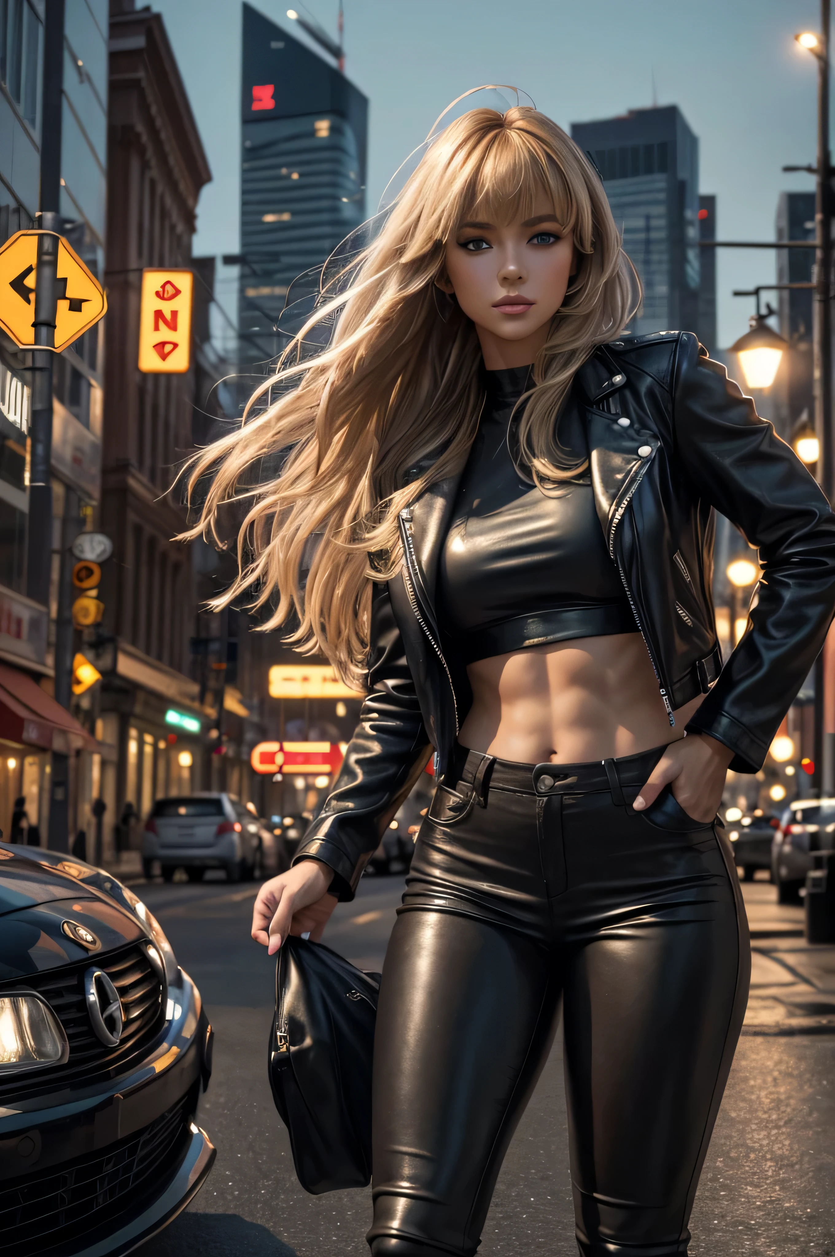 full body Realism, a 22 - year - old girl, long blonde hair, bangs falling on her face,blue eyes, beautiful hairstyle, light makeup, dressed in a leather jacket, tight leather pants, beautiful shoes on her feet, evening city street in the background, high detail appearance, high detail hairstyle, high detail environment, high detail background, in the background is a modern city, the photo was taken with a photorealistic SLR camera, resolution full hd, 8K