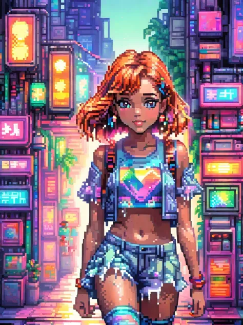 (pixel art:1.5)，(Neon lights)，(circuit boards)，Girl in cartoon style，whole body，summer fashion clothing，candy colored clothes，fa...