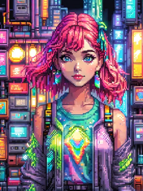 (pixel art:1.5)，(Neon lights)，(circuit boards)，Girl in cartoon style，whole body，summer fashion clothing，candy colored clothes，fa...