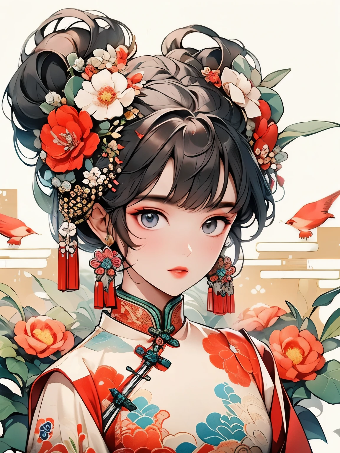  1girl, solo, flower, jewelry, earrings, hair ornament, tassel, looking at viewer, red flower, hair flower, upper body, white flower, black hair, tassel earrings, chinese clothes, bangs, floral print, leaf, blush, parted lips, red lips, flower earrings, makeup, plant, lips, lipstick, peony (flower), camellia, ponytail, short hair