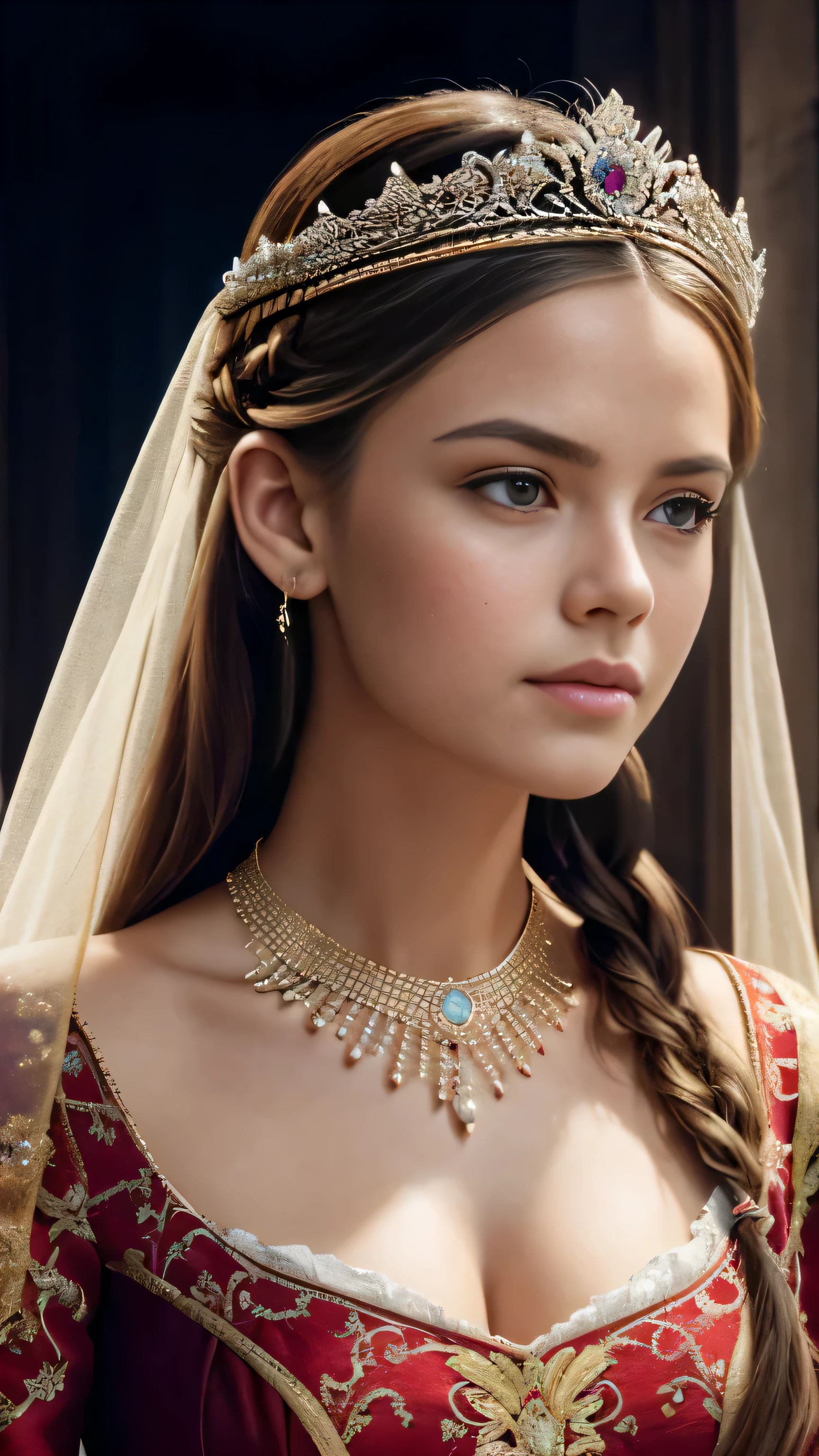 (cinematic photograph of a detailed beautiful 18-year old woman with ((facial and body characteristics that is similar to Kristina Pimenova))), (), ((Regal Renaissance: Renaissance-era gowns with rich fabrics, corsets, and elaborate headpieces. Classic braided hairstyles and intricate jewelry.)), (), (), finely detailed, ultra-realistic features of her pale skin and (slender and athletic body), and (symmetrical, realistic and beautiful face), candid, (), (), (()), (), film stock photograph,  rich colors, hyper realistic, lifelike texture, dramatic lighting, strong contrast