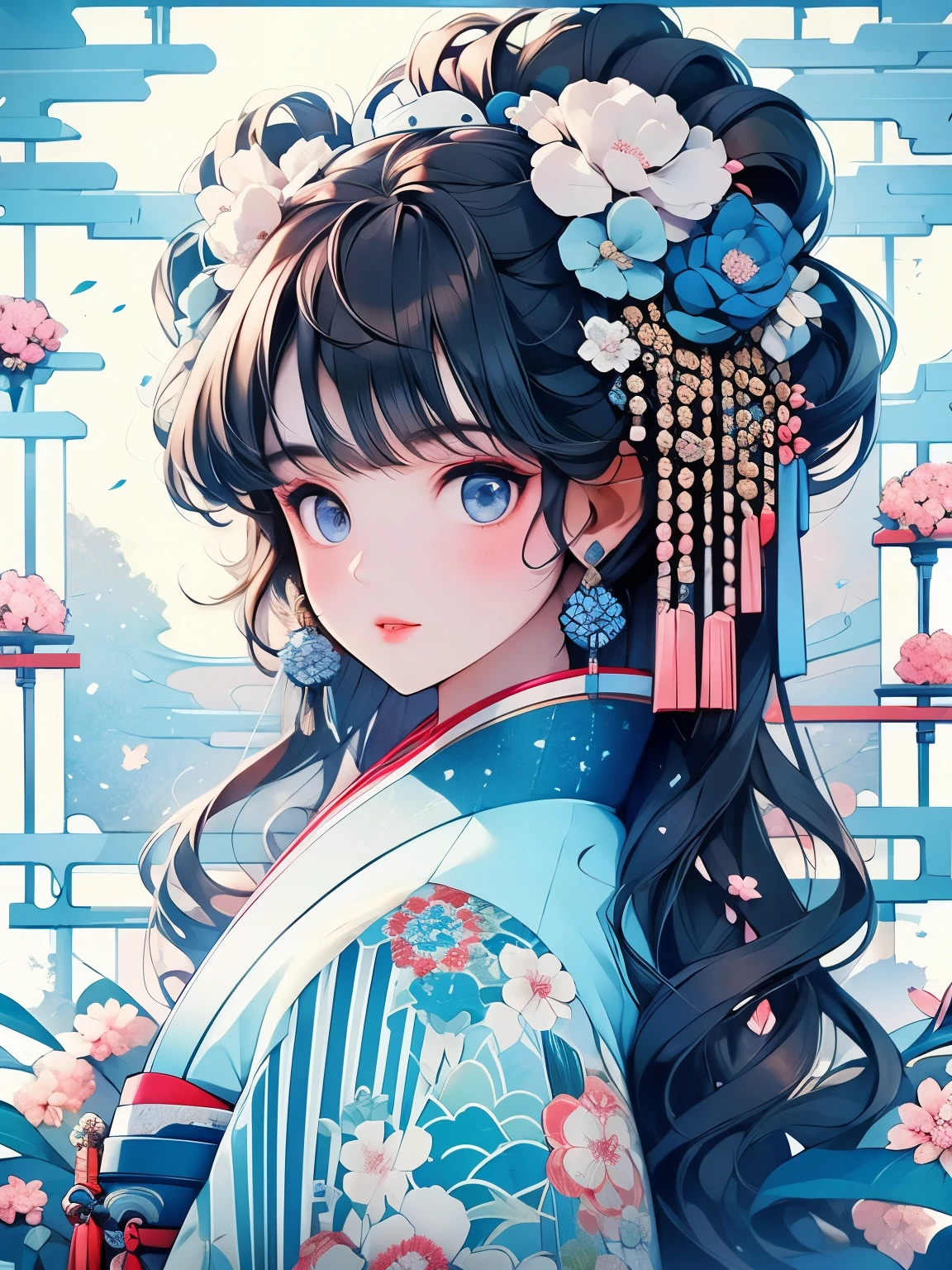  1girl, solo, hair ornament, blue eyes, flower, hair flower, outdoors, cherry blossoms, parted lips, looking at viewer, japanese clothes, blush, upper body, kimono, day, bangs, sky, white kimono, brown hair, medium hair, parted bangs, pink flower, from side, blue sky, black hair, petals, tree, branch, architecture