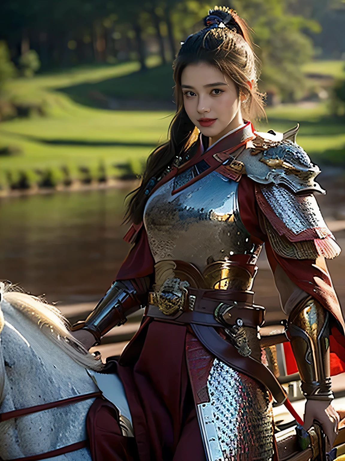 masterpiece，Best quality，HD quality，face close-up，A high resolution，8K，Ancient battlefield background, ((field：1.8))，(Female generals on the battlefield in the Han Dynasty)，(mounted on a horse)，18-year-old girl，（long ponytail hairstyle)，cparted lips，Full and erect breasts，Noble and charming，Elegant and serious，Chinese armor,sword, Chinese architecture, Brown cape，，The combination of white metal and red leather，chest armor，metallic luster，Leather buckle，Exquisite pattern，mysterious badge，Cool and gorgeouig breasts))，Chest groove，Three Kingdoms character painting style，Photo pose，oc render reflection texture，charming smile，Head-up shot，bright afternoon，woodland background