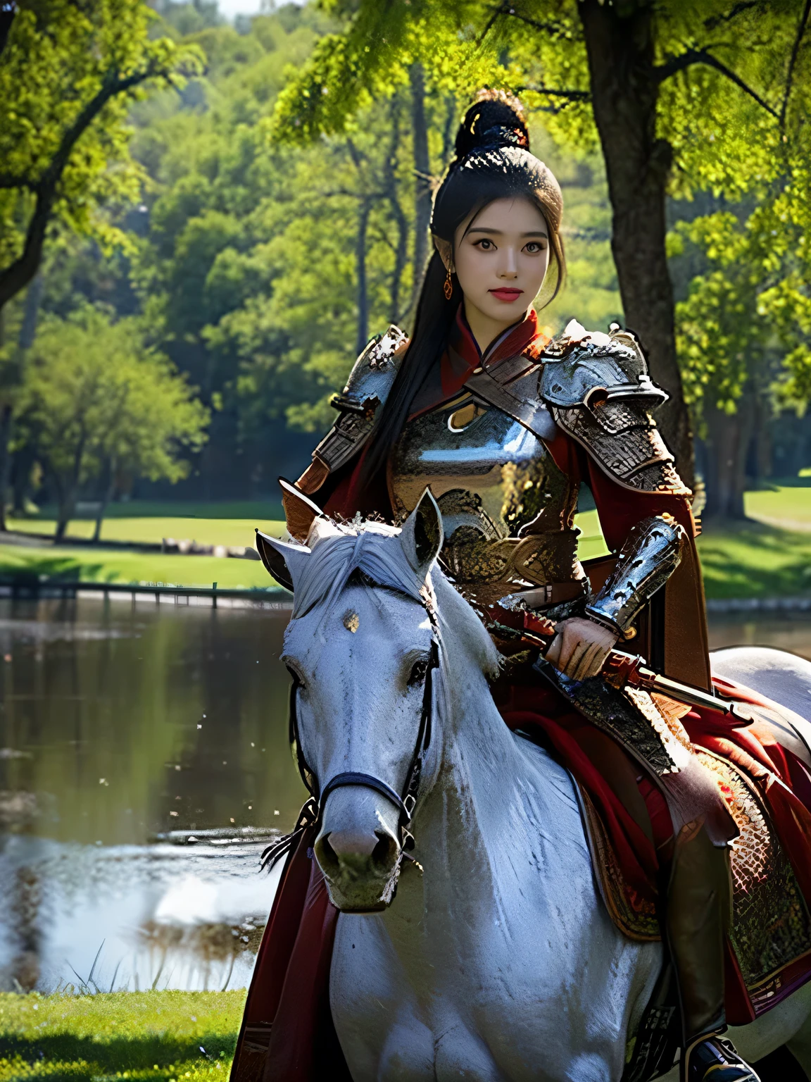 masterpiece，Best quality，HD quality，face close-up，A high resolution，8K，Ancient battlefield background, ((field：1.8))，(Female generals on the battlefield in the Han Dynasty)，(mounted on a horse)，18-year-old girl，（long ponytail hairstyle)，cparted lips，Full and erect breasts，Noble and charming，Elegant and serious，Chinese armor,sword, Chinese architecture, Brown cape，，The combination of white metal and red leather，chest armor，metallic luster，Leather buckle，Exquisite pattern，mysterious badge，Cool and gorgeouig breasts))，Chest groove，Three Kingdoms character painting style，Photo pose，oc render reflection texture，charming smile，Head-up shot，bright afternoon，woodland background