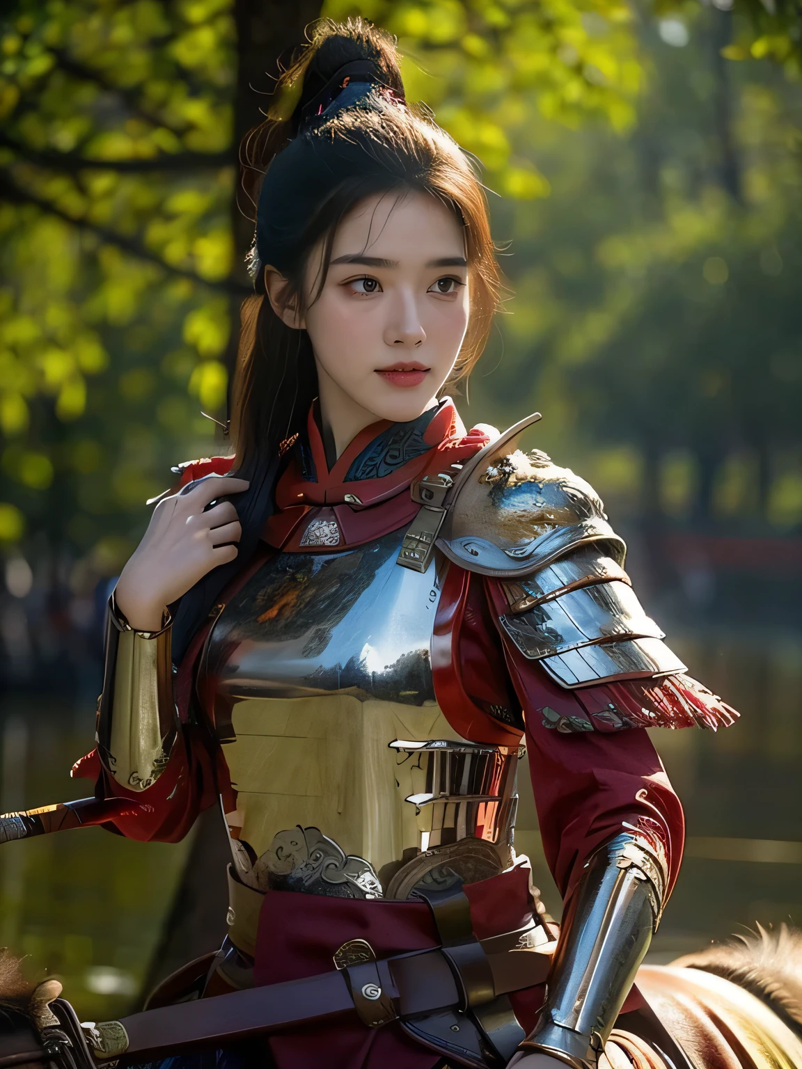 masterpiece，Best quality，HD quality，face close-up，A high resolution，8K，Ancient battlefield background, ((field：1.8))，(Female generals on the battlefield in the Han Dynasty)，(mounted on a horse)，18-year-old girl，（long ponytail hairstyle)，cparted lips，Full and erect breasts，Noble and charming，Elegant and serious，Chinese armor,sword, Chinese architecture, Brown cape，，The combination of white metal and red leather，chest armor，metallic luster，Leather buckle，Exquisite pattern，mysterious badge，Cool and gorgeouig breasts))，Chest groove，Three Kingdoms character painting style，Photo pose，oc render reflection texture，charming smile，Head-up shot，bright afternoon，woodland background