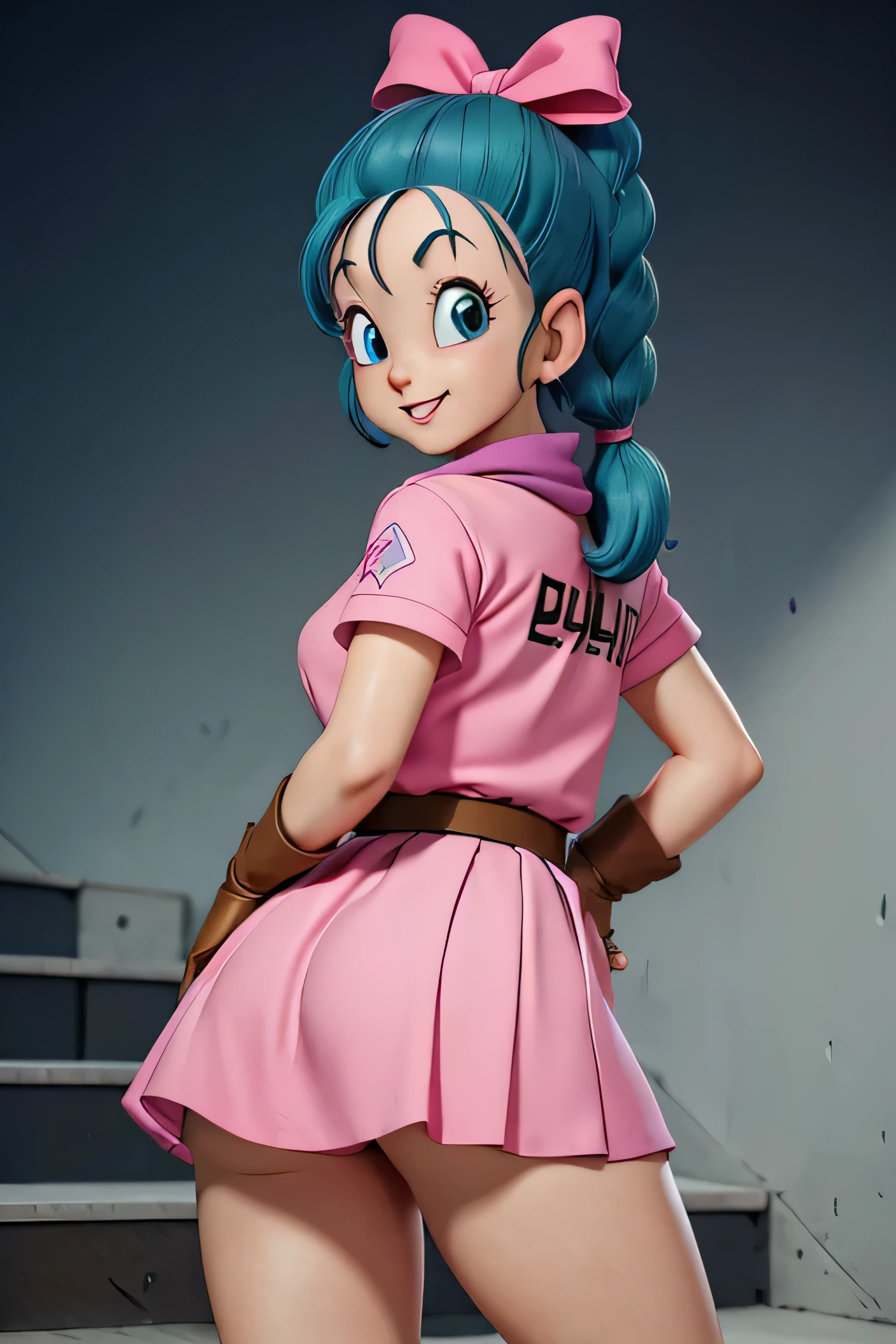 masterpiece, best quality, high resolution, dragon ball, blmpony, aqua hair, hair ribbon, braided ponytail, pink shirt, belt, scarf, pink skirt, clothes writing, brown gloves, medium breasts, in back pose, back wards looking camera, smile, show her booty, show ass, ultra mini dress,Anime,bulma (WIND LIFTING HER SKIRT) (detailed:1.3), ultra high res, ultra detailed, Highly detailed face and skin texture, detailed eyes jewelry, earrings, BACK POSE CLIMBING STAIRS ( SHOW HER ASS),edgHL (ULTRA MINI SKIRT) (CLOSED UP BOOTY)