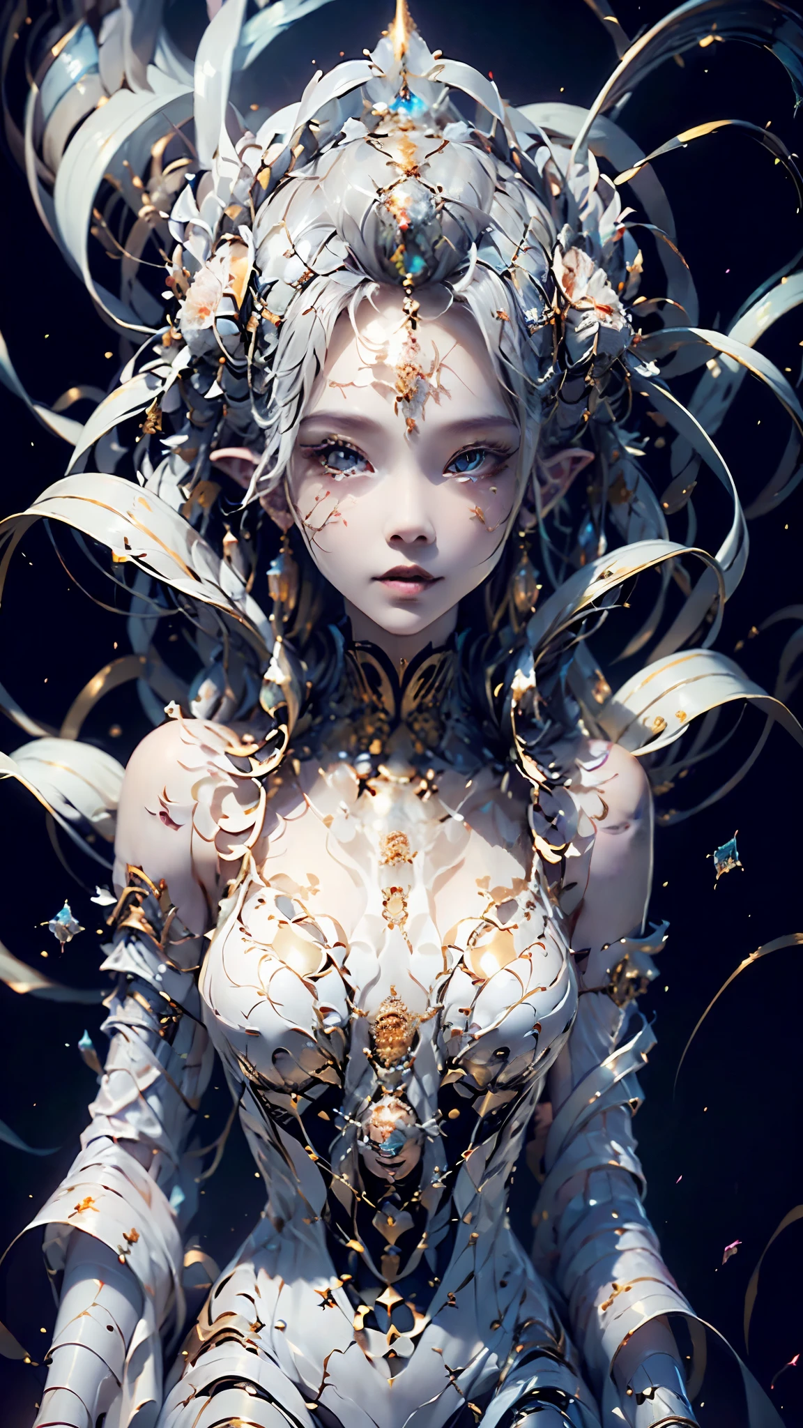 silver hair、fractal background,blue,(masterpiece, Highest品質, Highest, official art, beautiful and aesthetic, exposed for a long time: 1.2), smooth movement, attractive pattern, 1 girl:1.5, (long dress with sleeves: 1.3), (((white clothes) )), 顔 close-up, bare shoulders, chinese girl, blush, black lob hair, portrait, alone, Upper body, observe the observer, detailed background, detailed face, (crystal AI, crystal theme:1.1), 風属性のgoblin, Rotating wind, control the wind, White crystal clothes, dynamic pose, suspended particles, ether dynamics, whirlwind, vapor, whirlwind in the background, white tone, whirlwind, great atmosphere,silver hair、1 girl,goblin,random pose,Close-up,blueのfractal background,Viewer&#39;s perspective,smile