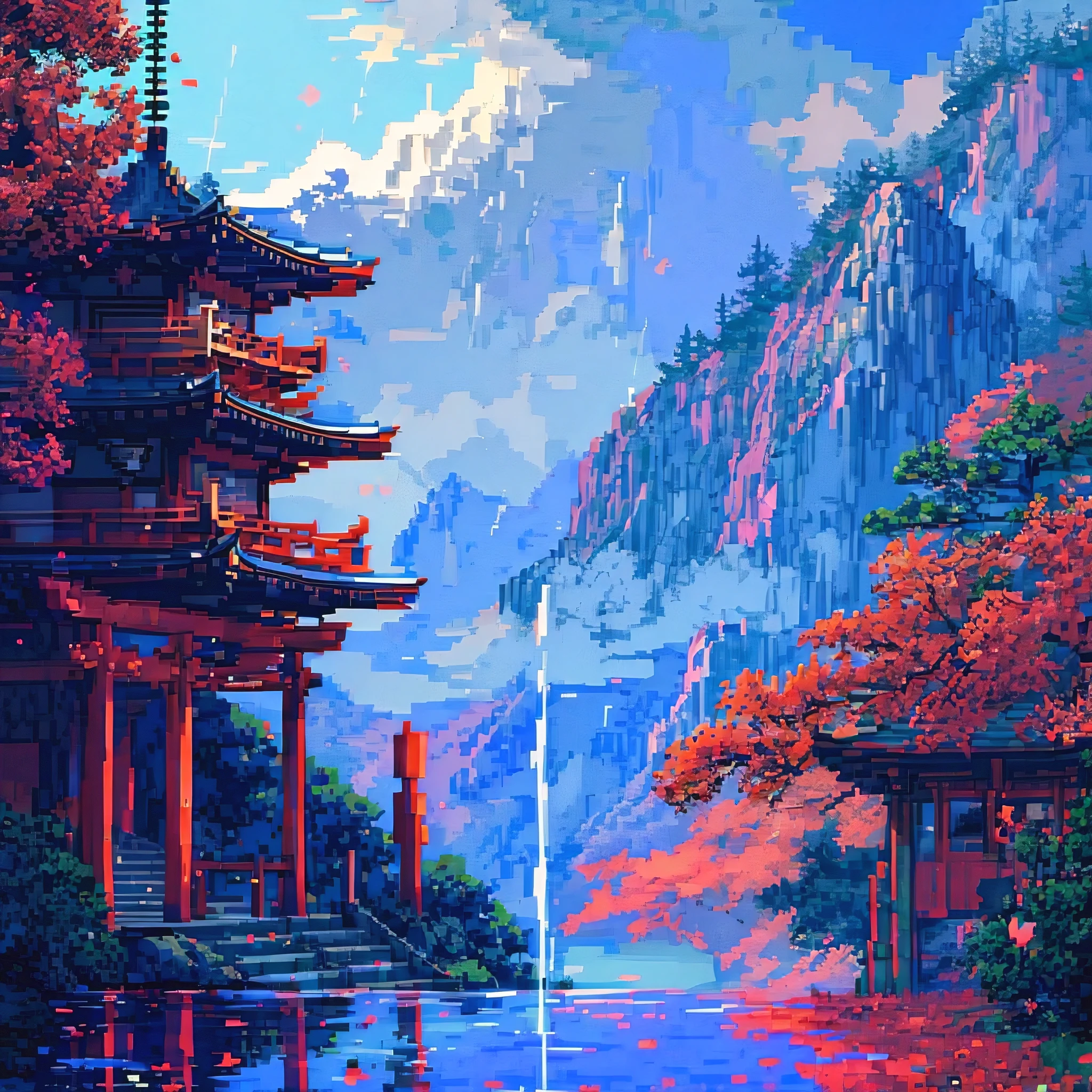 (pixel art style, masterpiece, best quality:1.2), 8-bit, shinto temple, mountains, colorful, vibrant