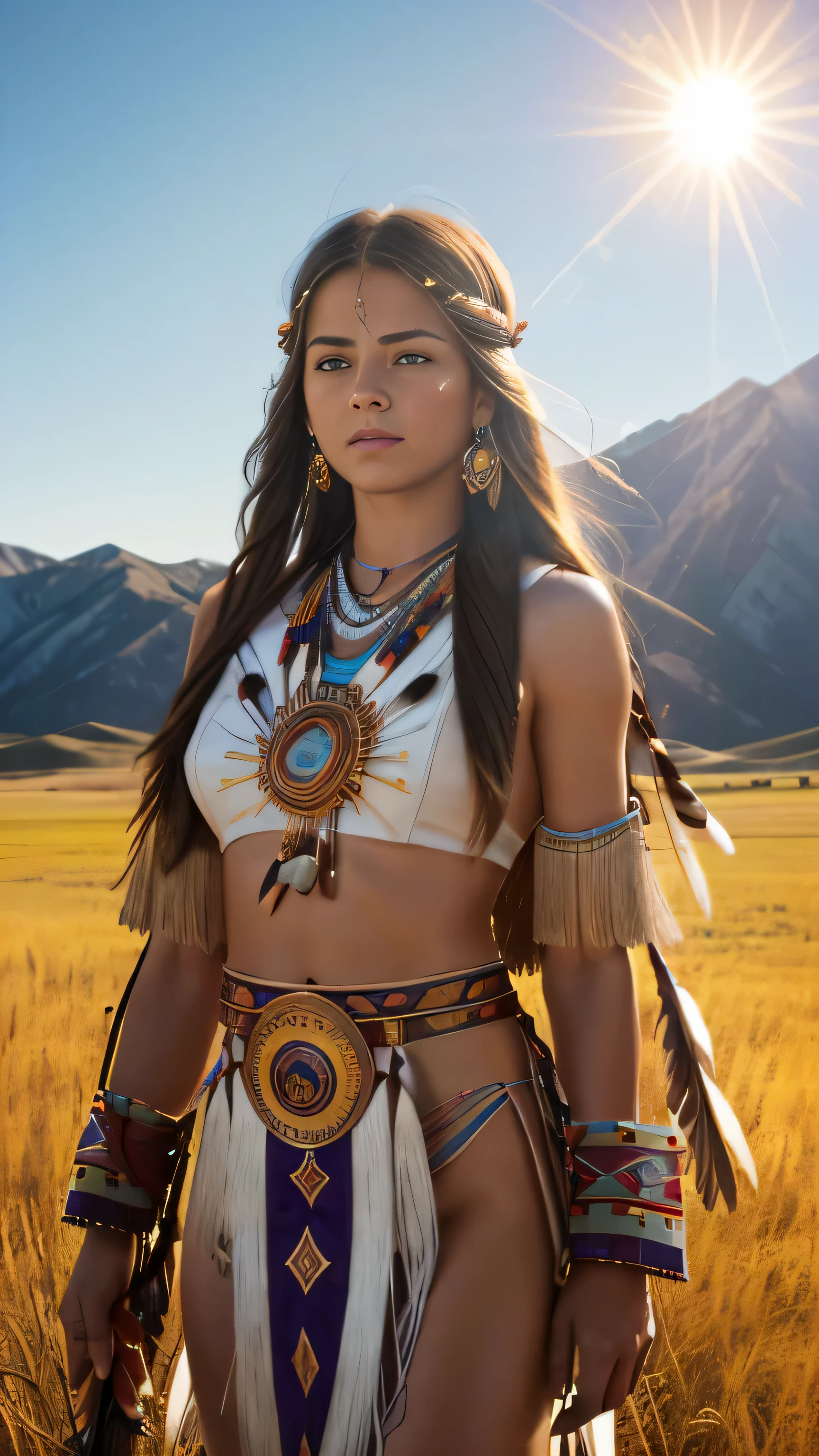 (cinematic photograph of a detailed beautiful 18-year old woman with ((facial and body characteristics that is similar to Kristina Pimenova))), (), ((Native American Indian Sun Dance Celebration: Theme: Honoring the sun and spiritual renewal. Clothing: Sun Dance regalia or attire with sun symbols. Scene: An open field or sacred space during a ceremony. Props: Drum, sun medallion, or a ceremonial staff.)), (), (), finely detailed, ultra-realistic features of her pale skin and (slender and athletic body), and (symmetrical, realistic and beautiful face), candid, (), (), (()), (), film stock photograph,  rich colors, hyper realistic, lifelike texture, dramatic lighting, strong contrast