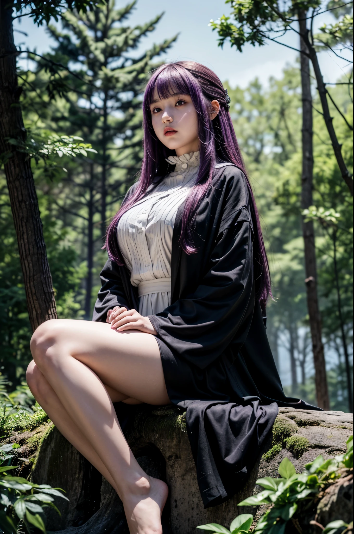 masterpiece, best quality, absurdres, perfect anatomy, 1girl, solo, FernFrieren, very long hair, purple eyes, (purple pupils), white dress, black robe, large breasts, outdoors, forest, sitting, rock, 