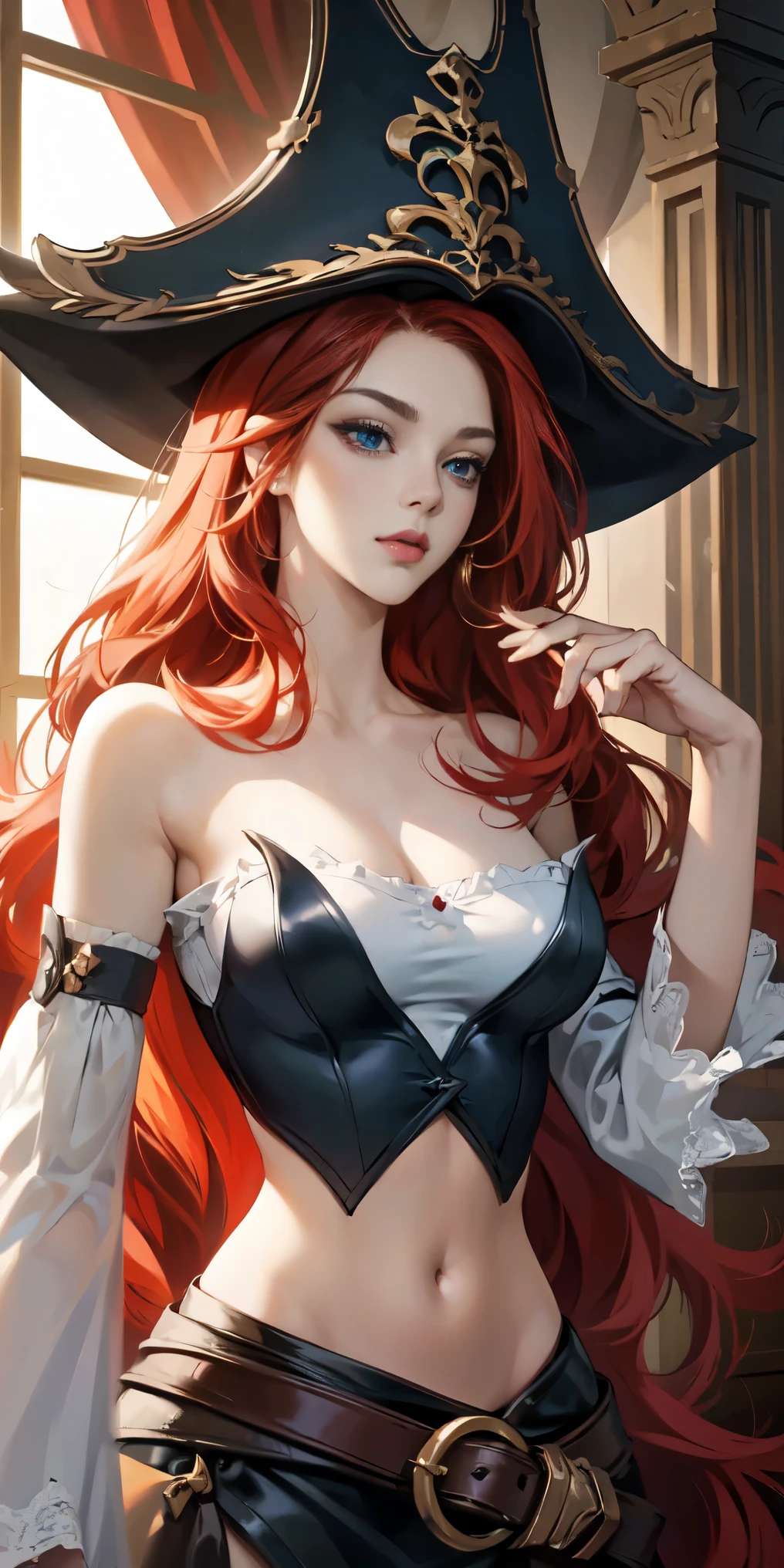 (masterpiece, best quality,Up to 8K resolution), intricate details, Miss Fortune \(League of Legends\),beautiful face,red long hair,blue eyes,seductive woman, Pirate hat, Strap slip, bare shoulders, separated sleeves, wide sleeves, navel